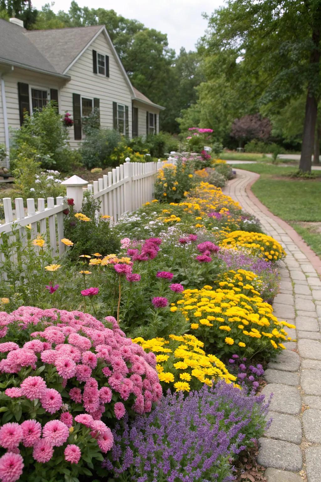 A burst of color from radiant flowers in a front yard garden.
