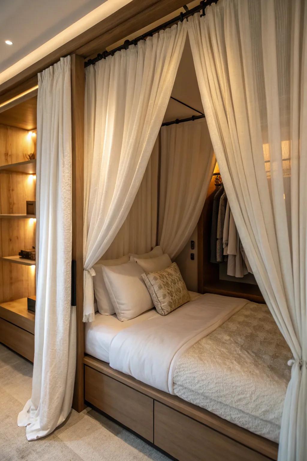 Drapes introduce a hint of privacy to your closet sleeping alcove.