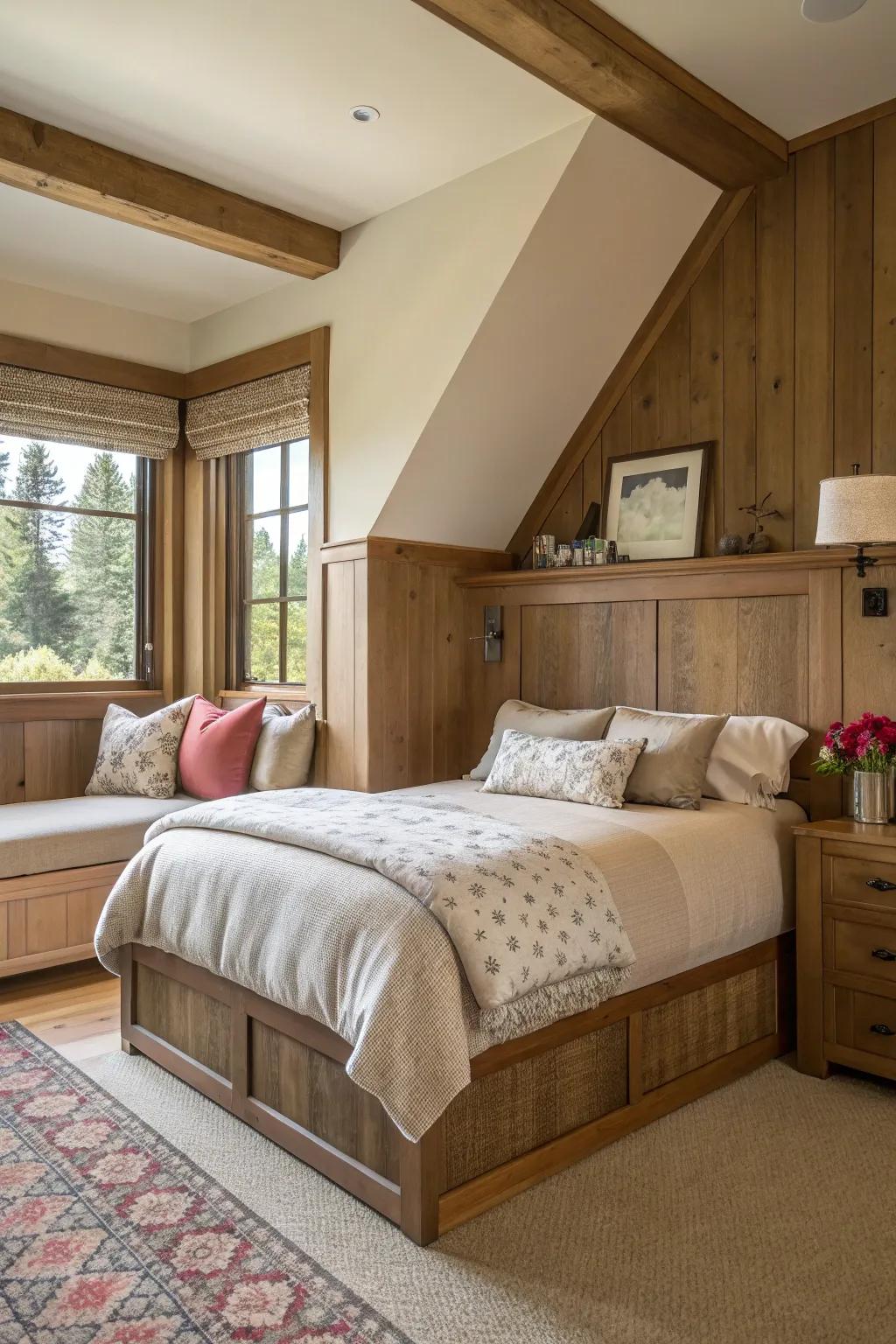 A creative headboard adds elegance to a corner bed.