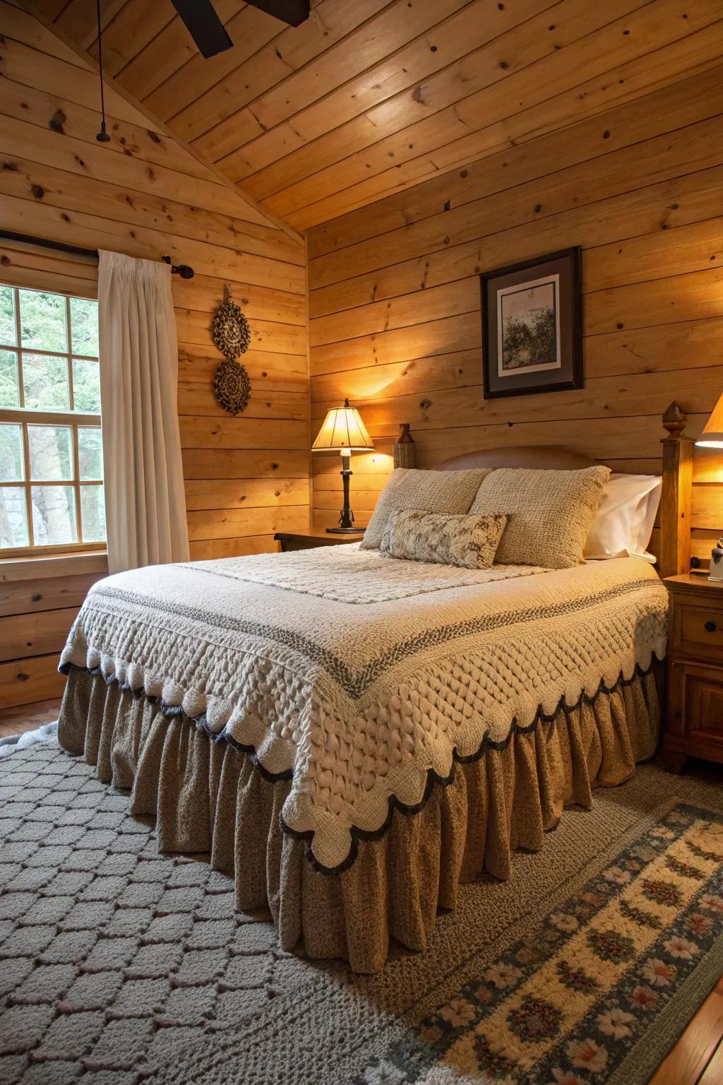 A textured bed skirt provides heat and depth to the space.