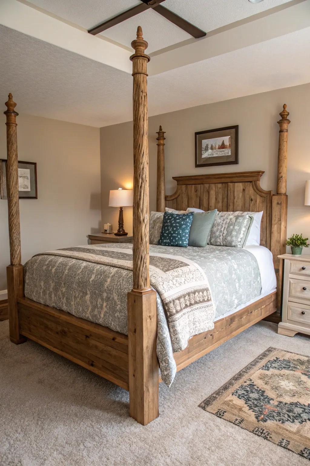 Rustic bedposts bring a cozy, countryside vibe to your bedroom.