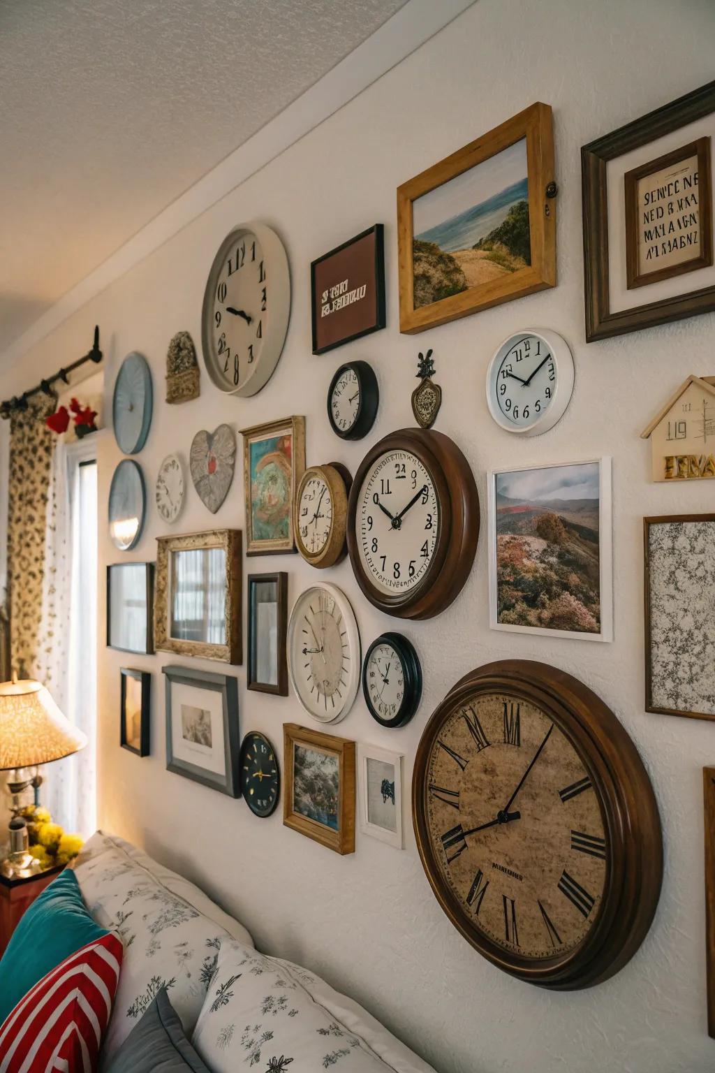 A wall gallery of clocks injects creativity and personality into your bedroom.