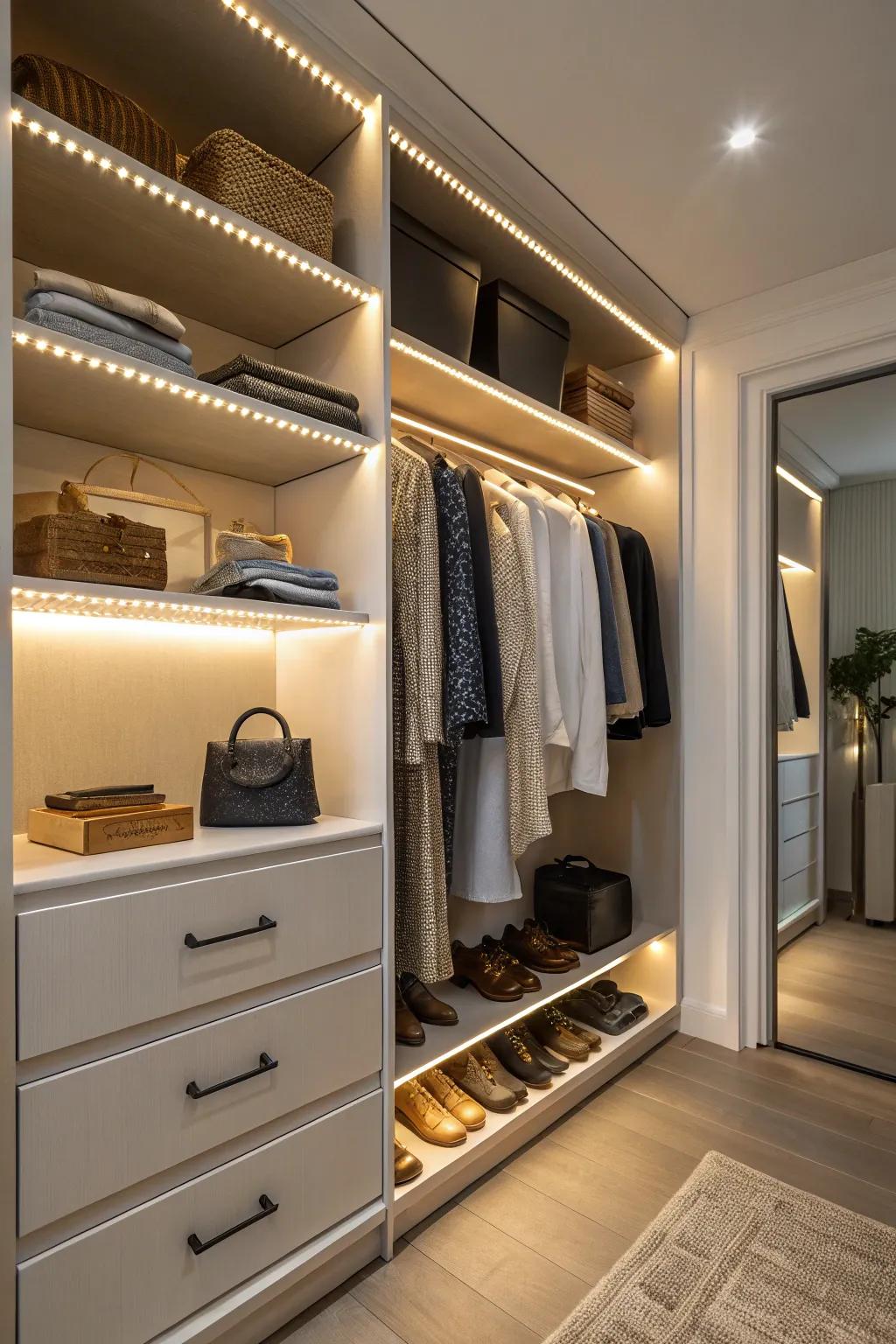 LED lighting boosts visibility and improves the mood of your closet.