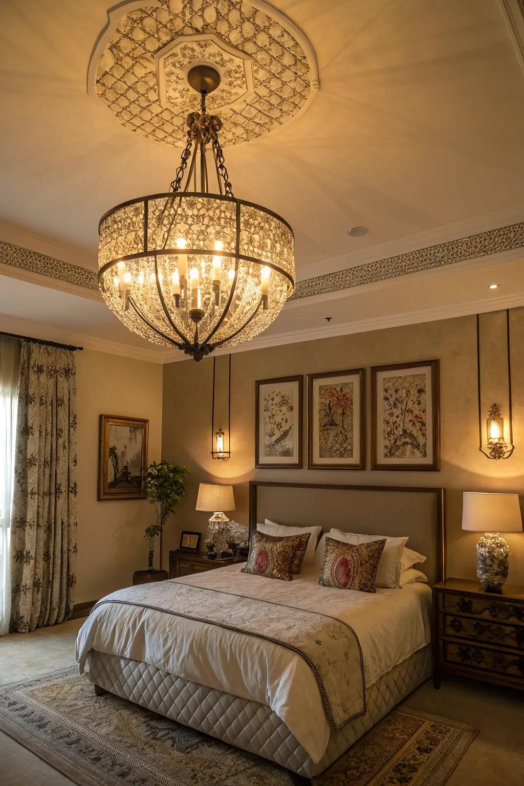A well-chosen lighting fixture incorporates functionality and style into a bedroom.