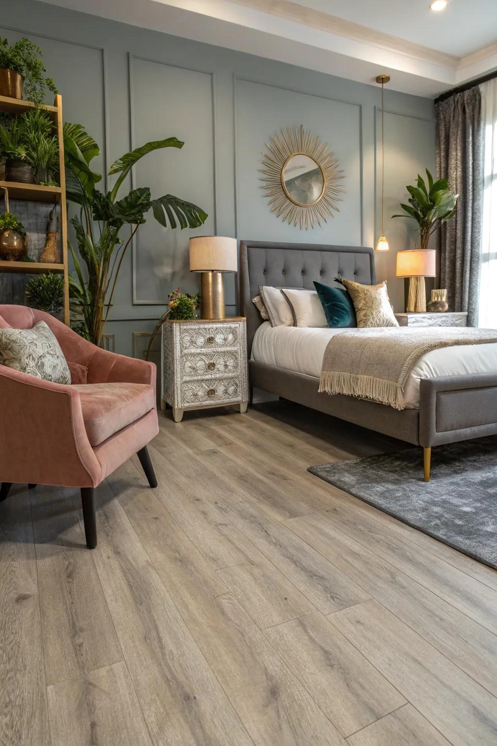 Premium vinyl seamlessly combines style and resilience for an elegant bedroom ambiance.