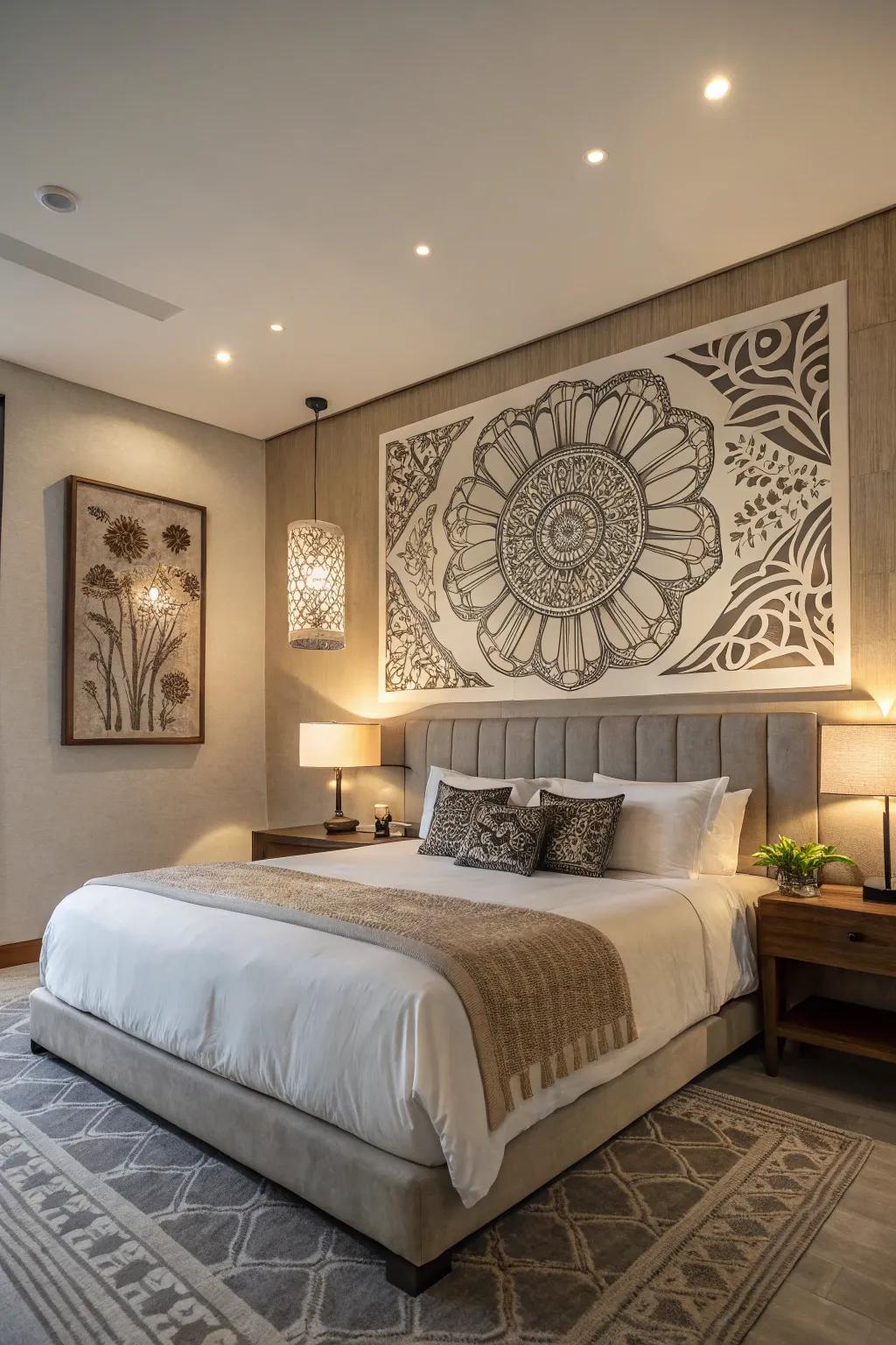 A striking wall decor component contributes character to this modern bedroom.