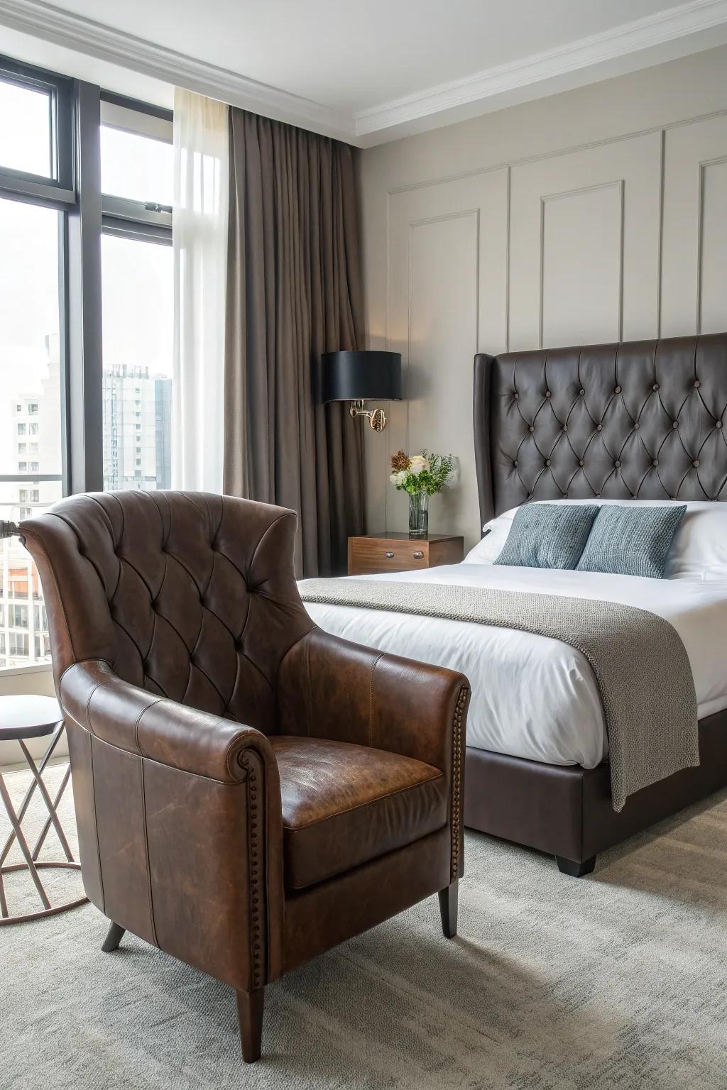 Leather accents contribute a luxurious element to this masculine bedroom.