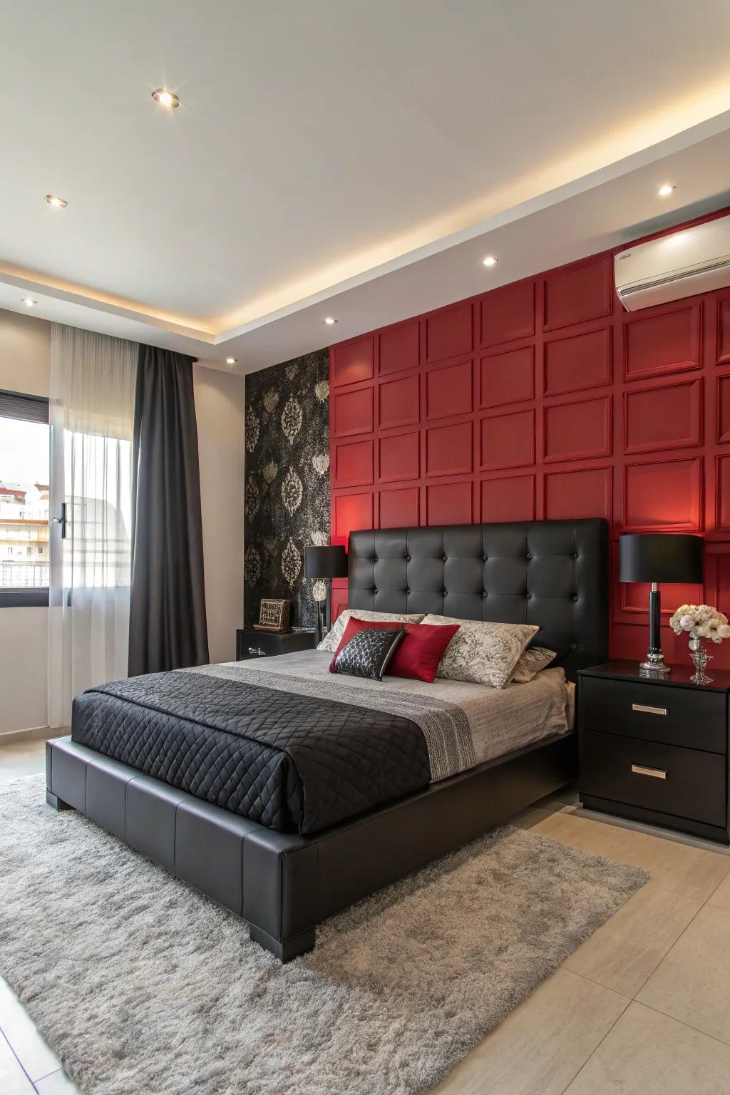 A bold feature wall complements the black furniture, adding depth and vibrancy.