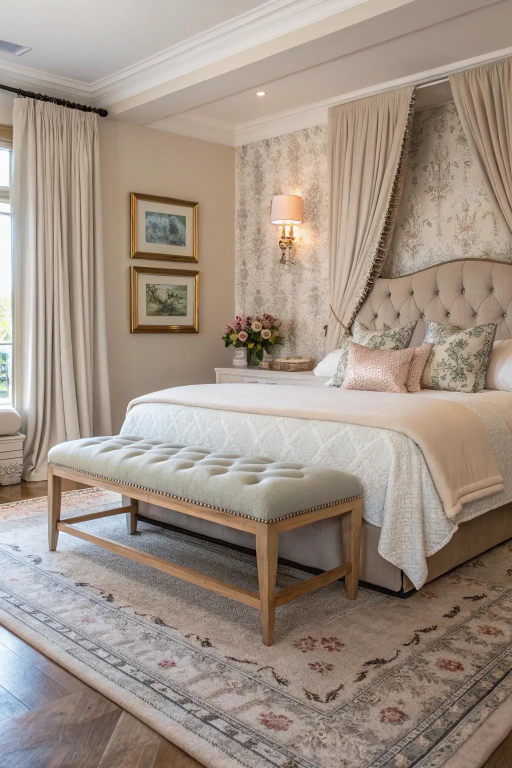 A bench at the bed's end brings sophistication and practicality.