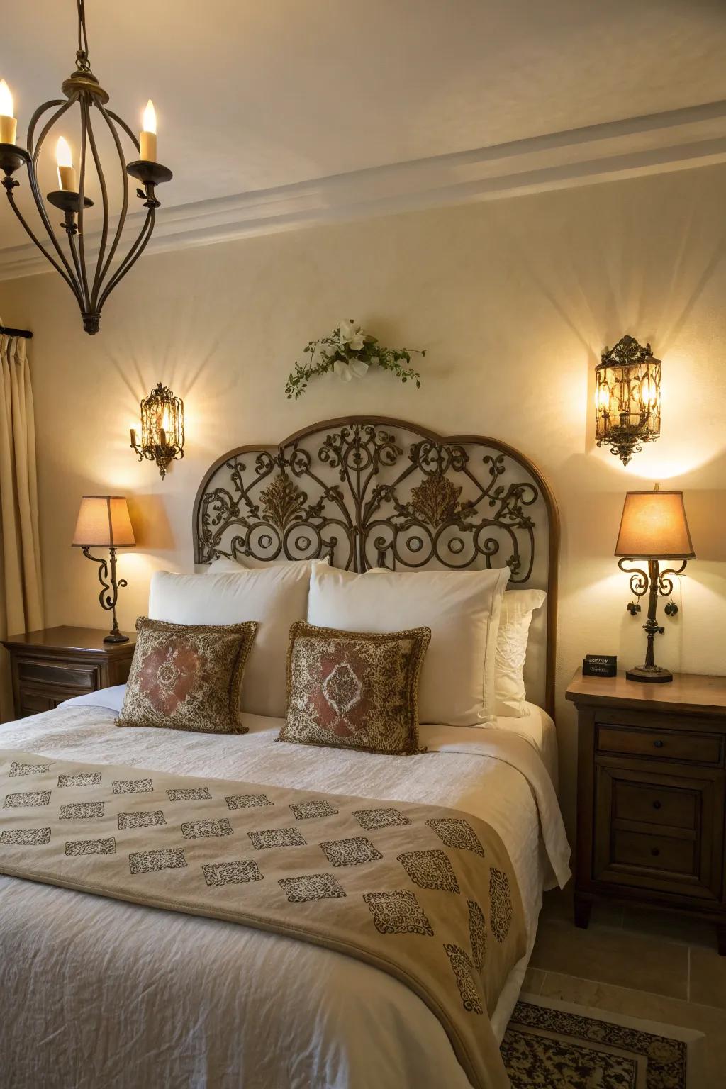 Wall sconces emit a gentle radiance ideal for pre-sleep reading.
