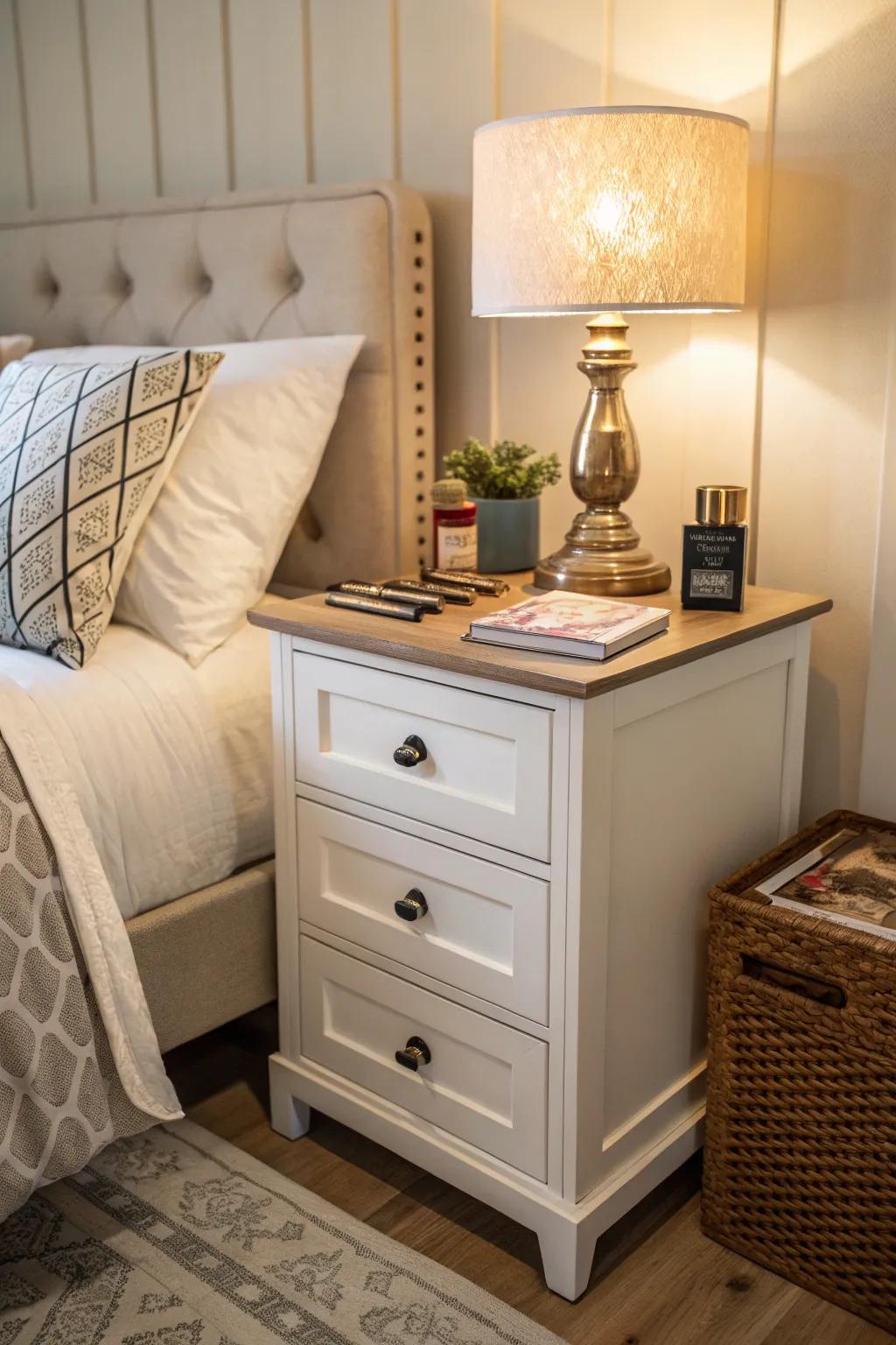 Keep your bedtime items organized with a functional bedside table.