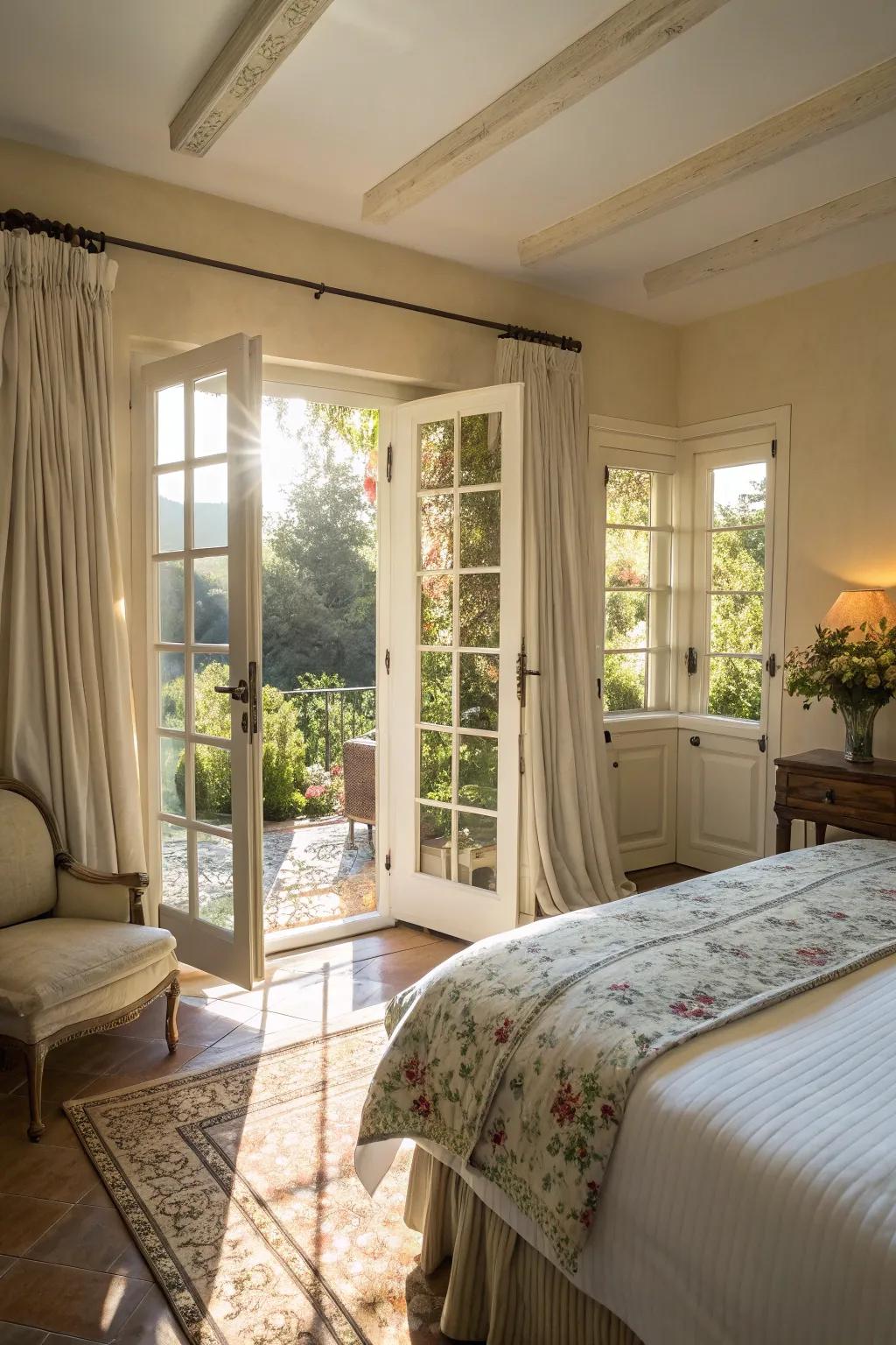 Traditional French doors impart an elegant allure to the bedroom.