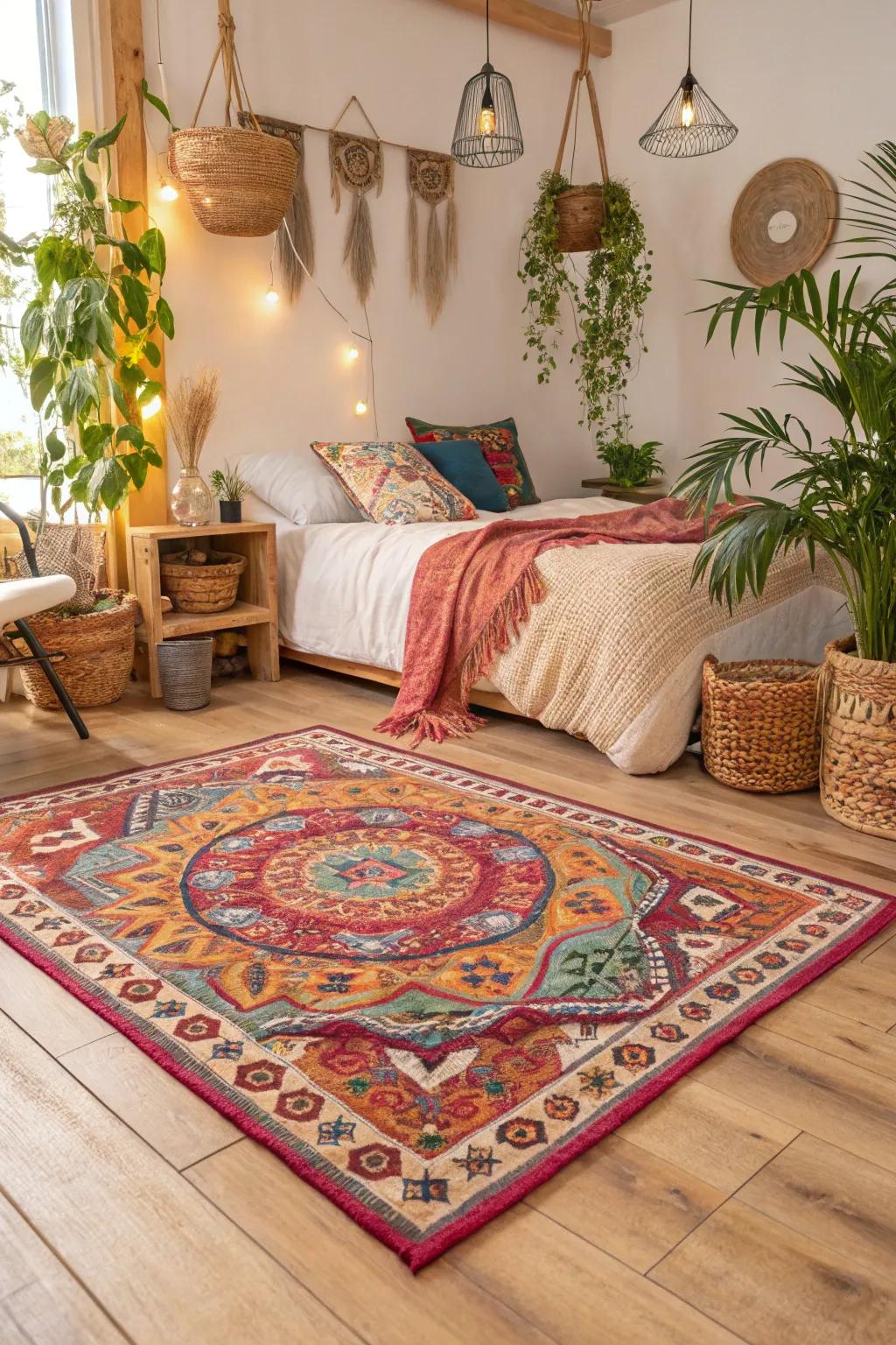 Introduce a bohemian touch to your bedroom utilizing a vibrant carpet.