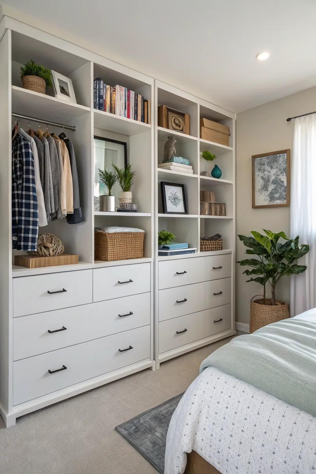 An organized bedroom showcasing clever storage solutions.