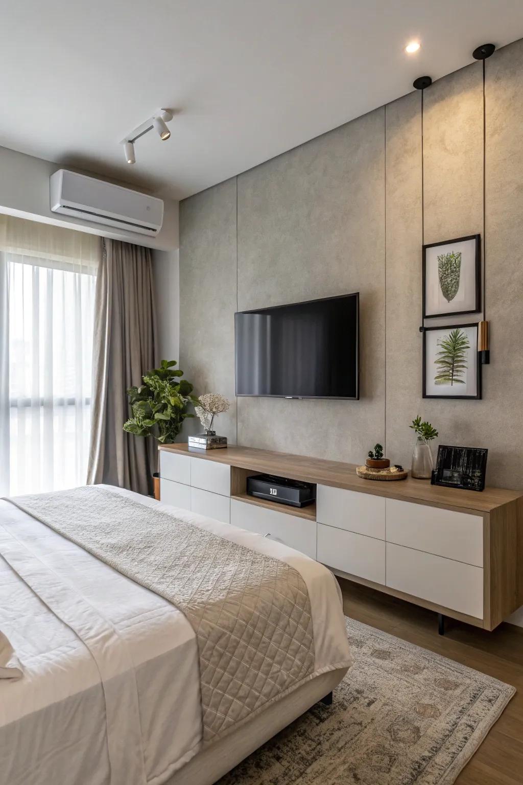 A wall-mounted TV creates a modern and spacious atmosphere in the bedroom.