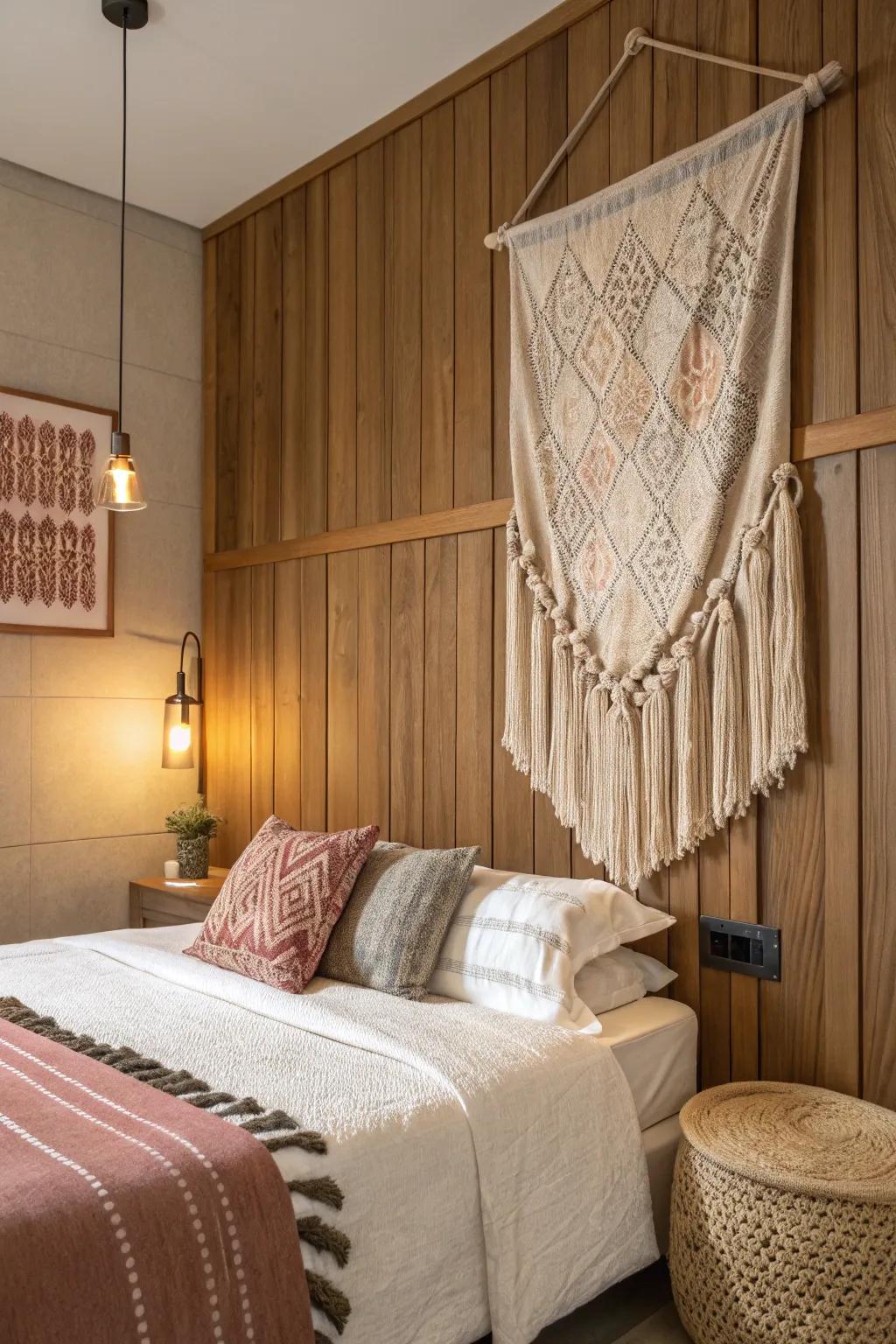 Combine textures to create a warm and dynamic bedroom wall.