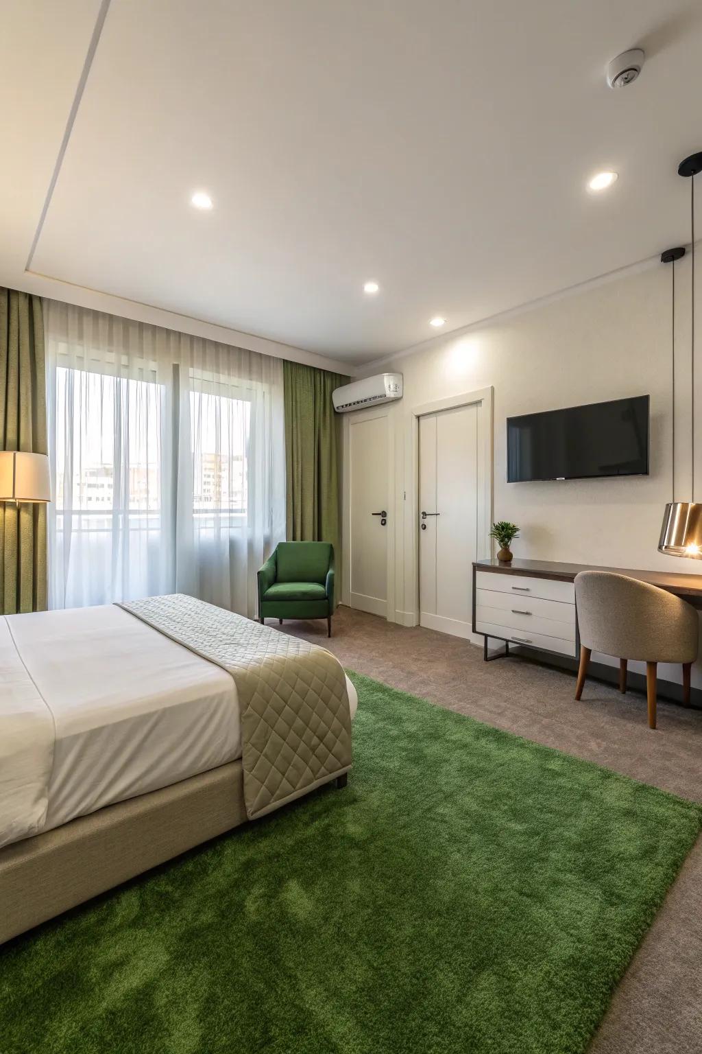 Minimalist design highlights the prominence of the verdant floor covering, producing an elegant and open area.