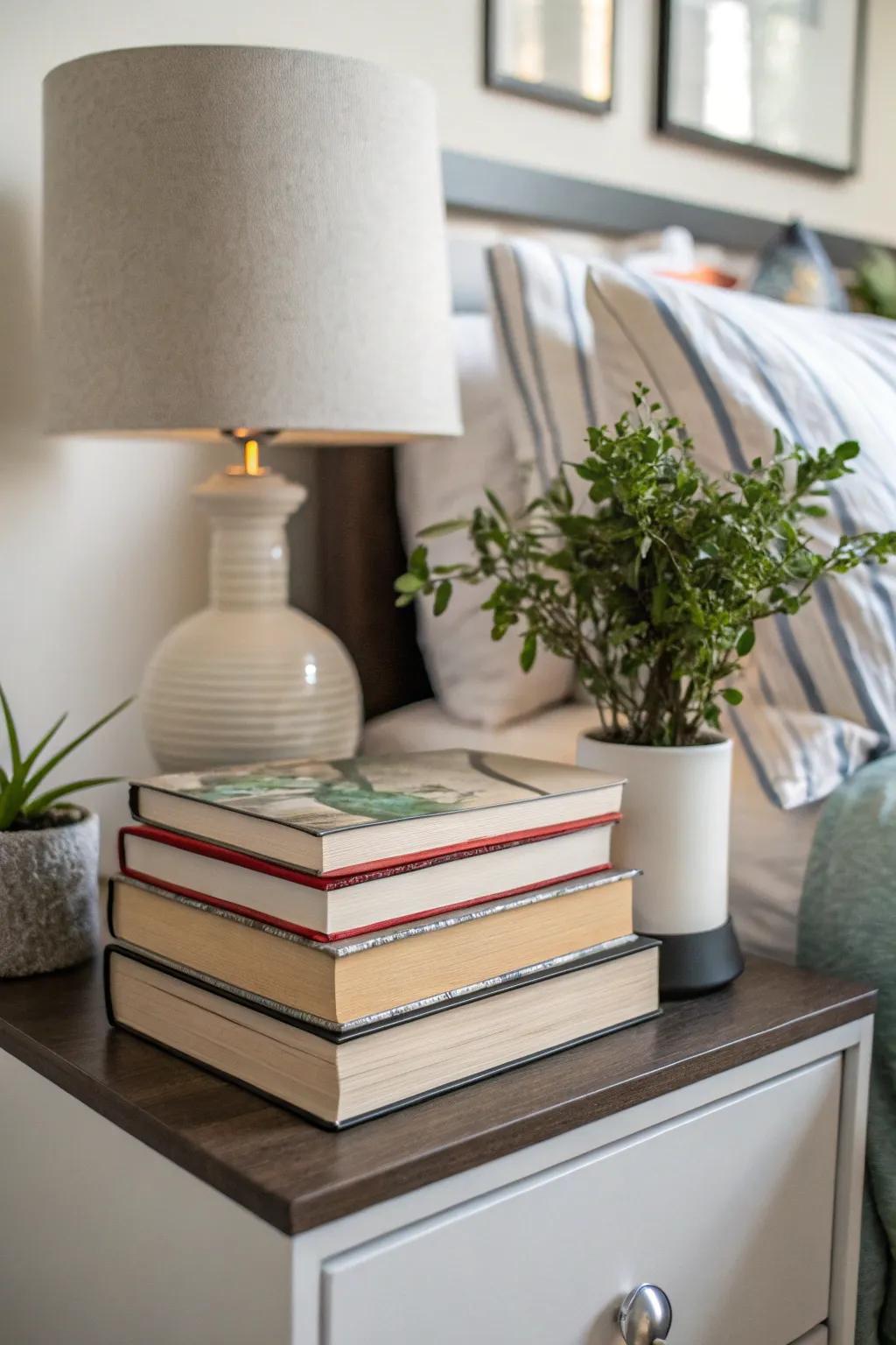 Books lend a personal, comfortable feel to your bedside setting.