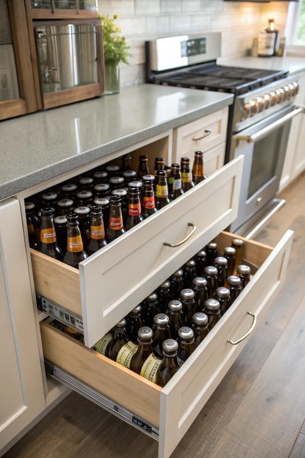 Below-counter slides in the cooking area keeping beer bottles neatly.