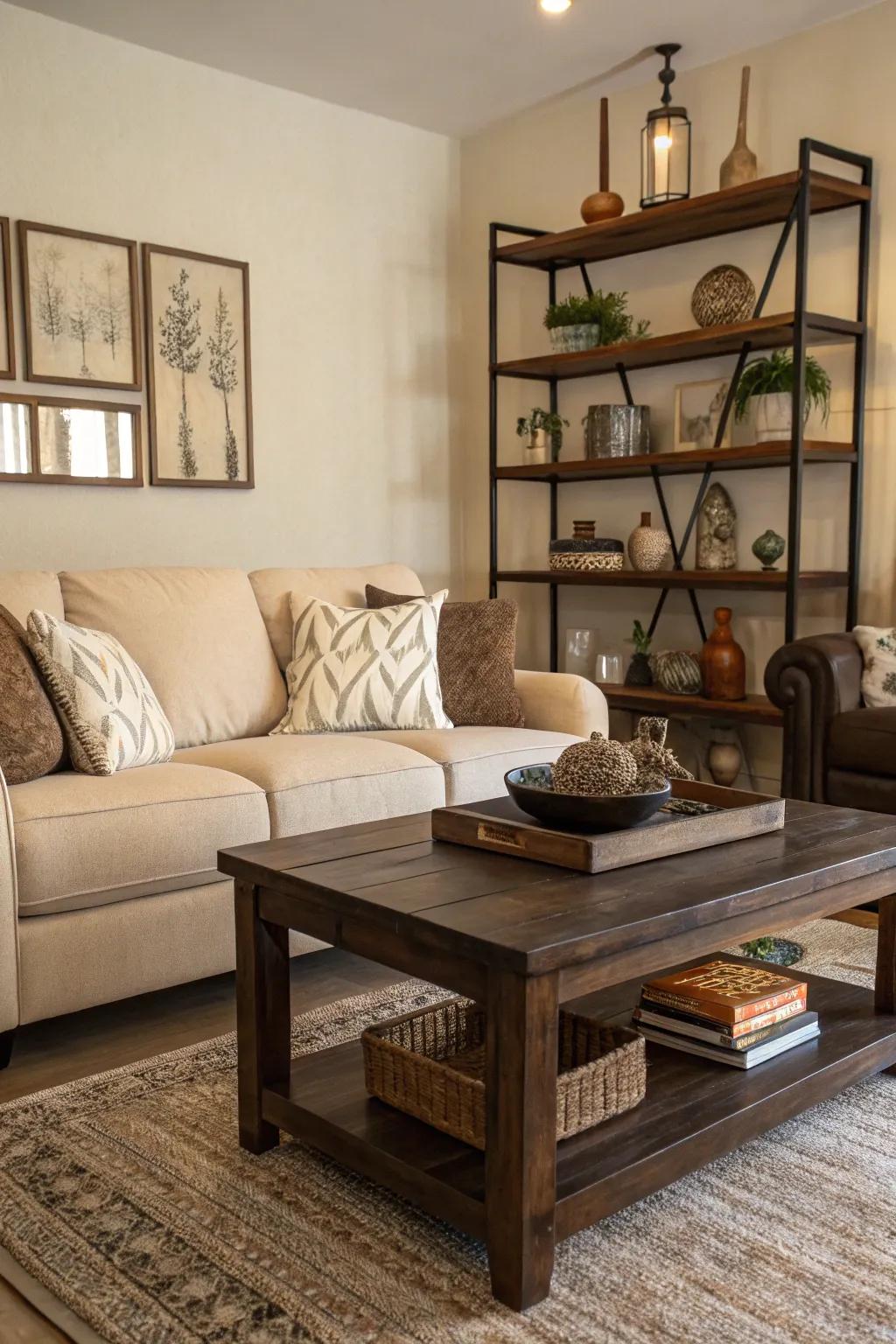 A stylish living room showcases the contrast between a sand-toned sofa and deep wood accents.