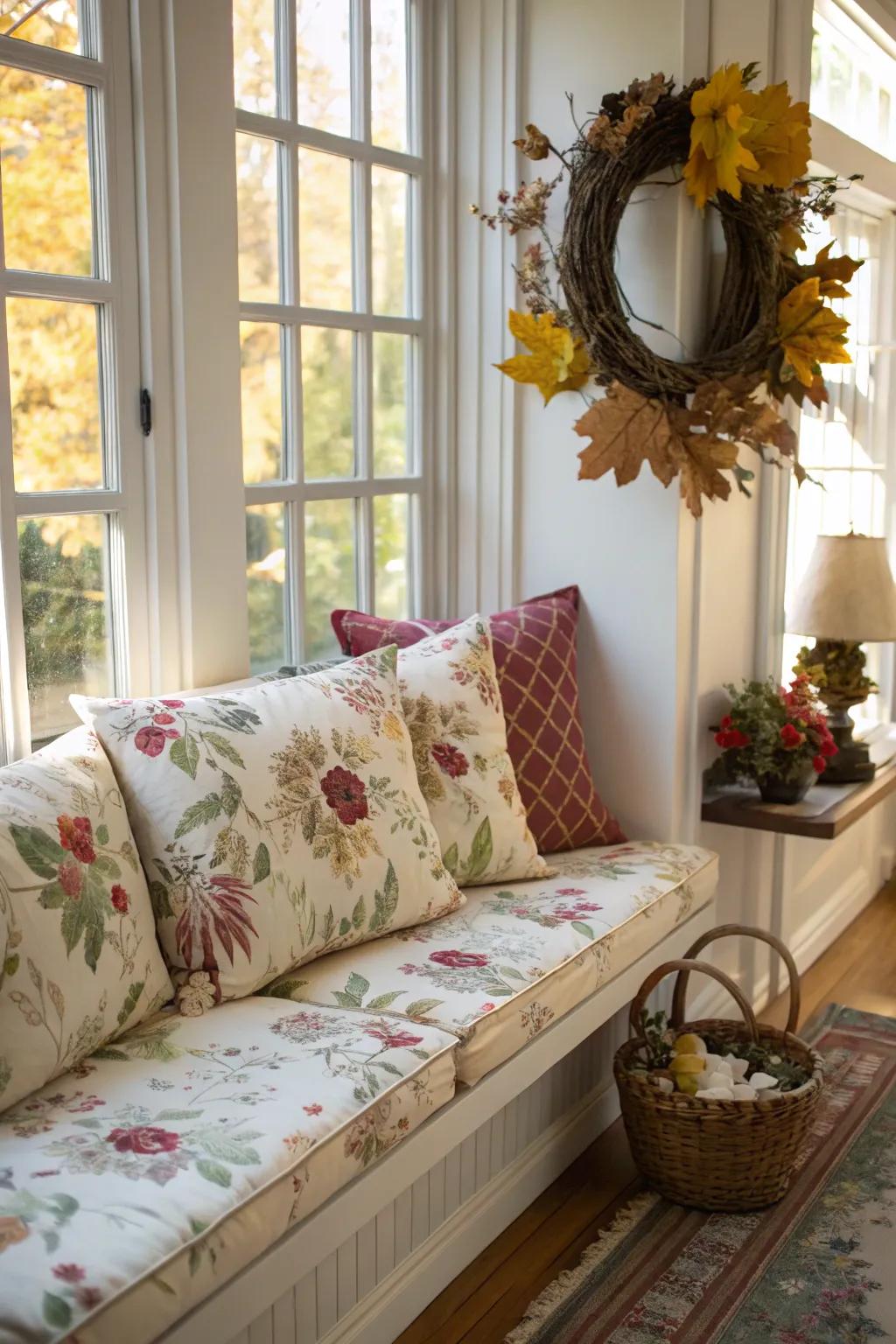 Floral cushions add a breath of springtime freshness to any bench.