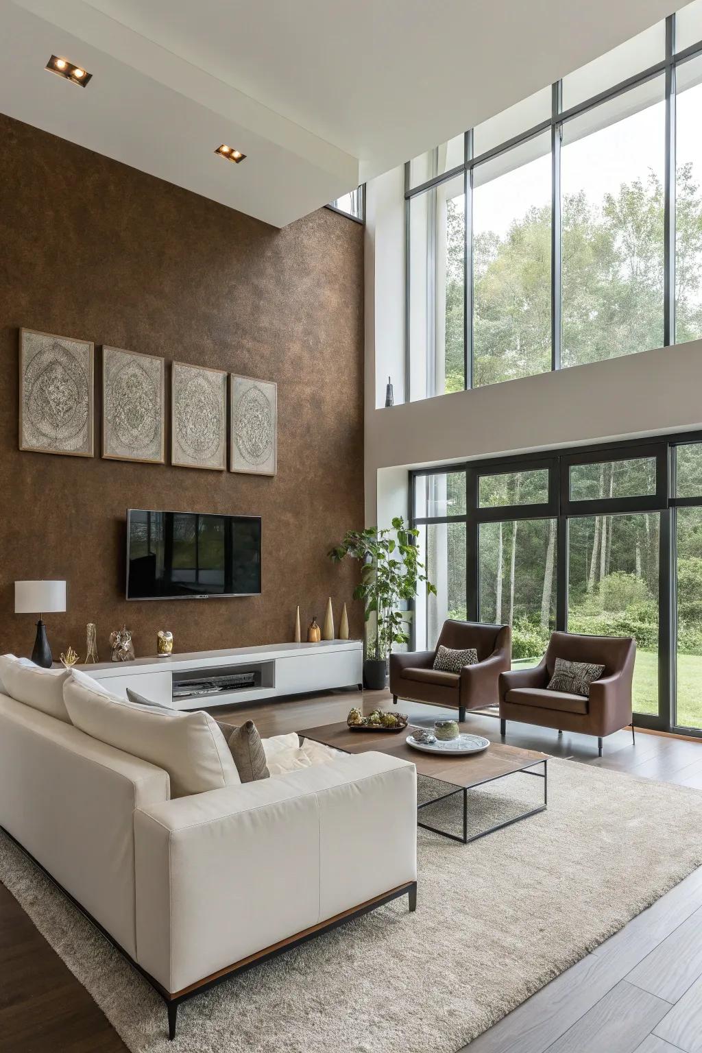 Contemporary elegance having a striking cocoa accent wall.