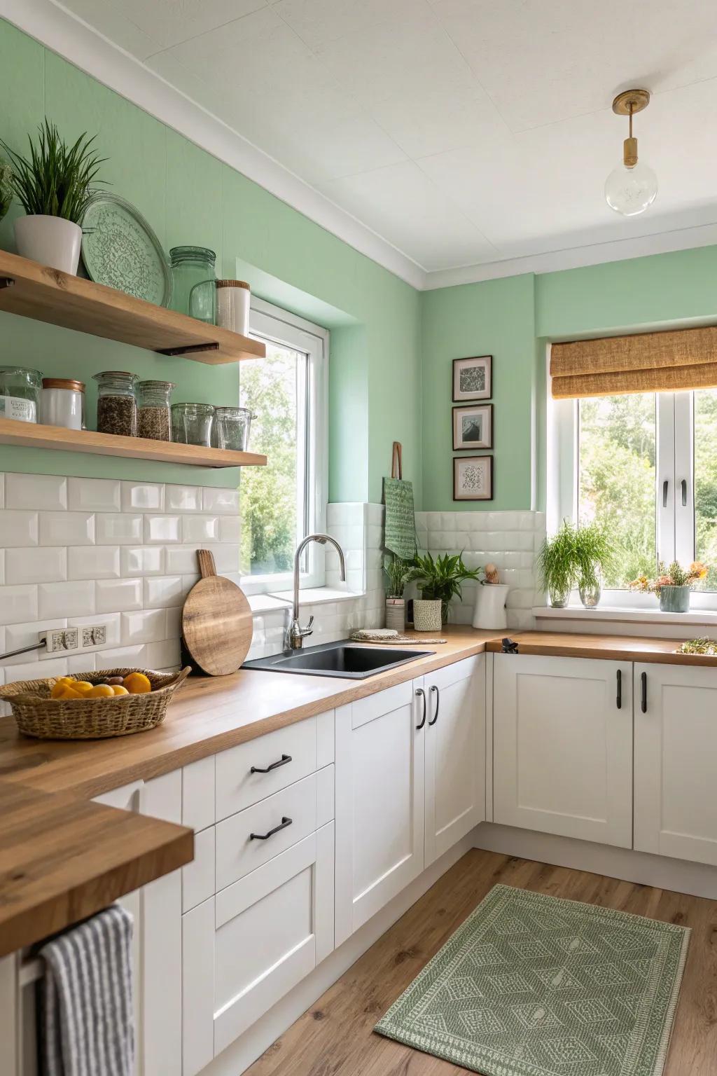 A fresh and airy food prep area featuring zesty green walls.