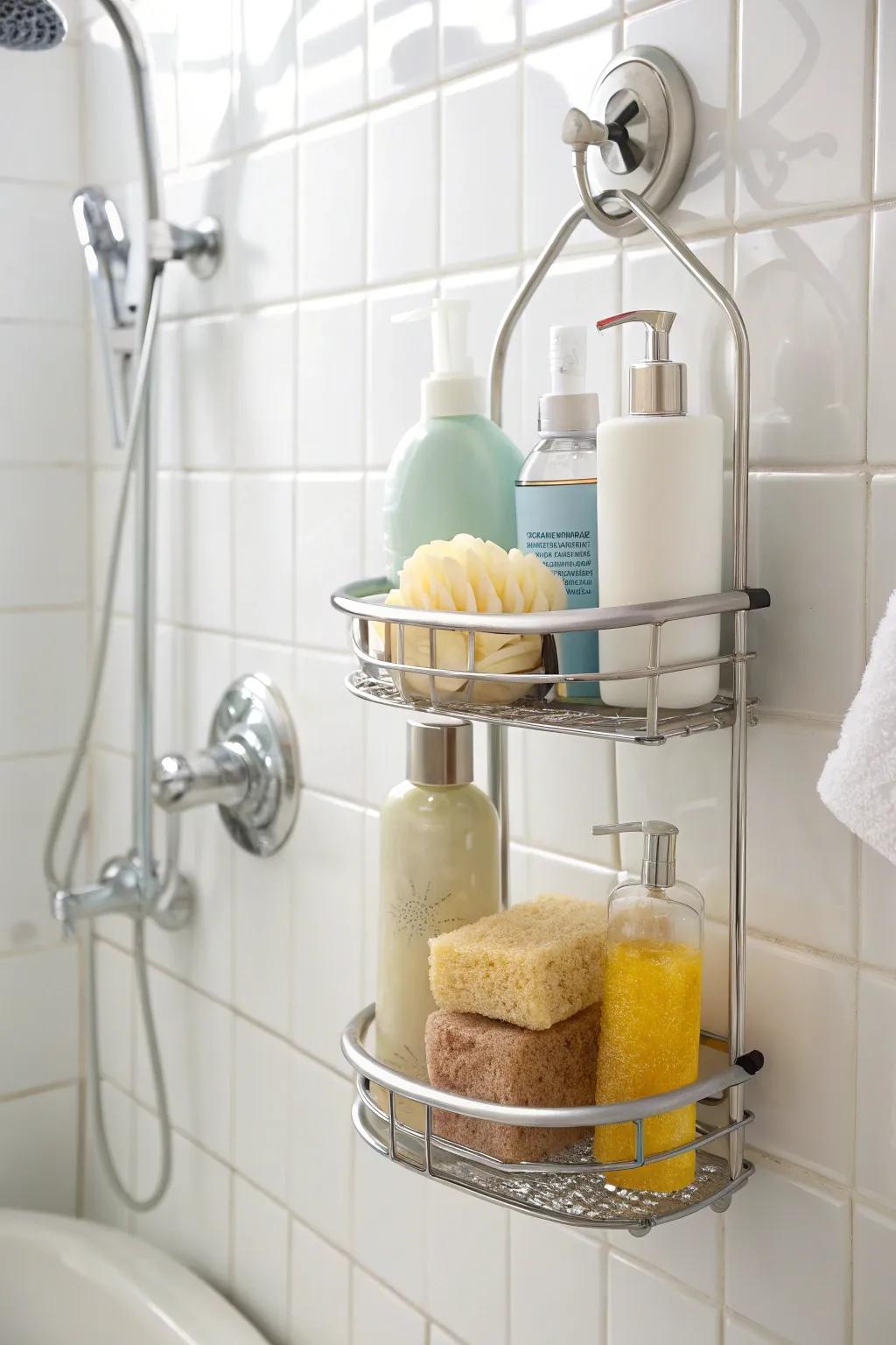 Enjoy easy setup with a stick-on cup shower buddy, great for rentals.