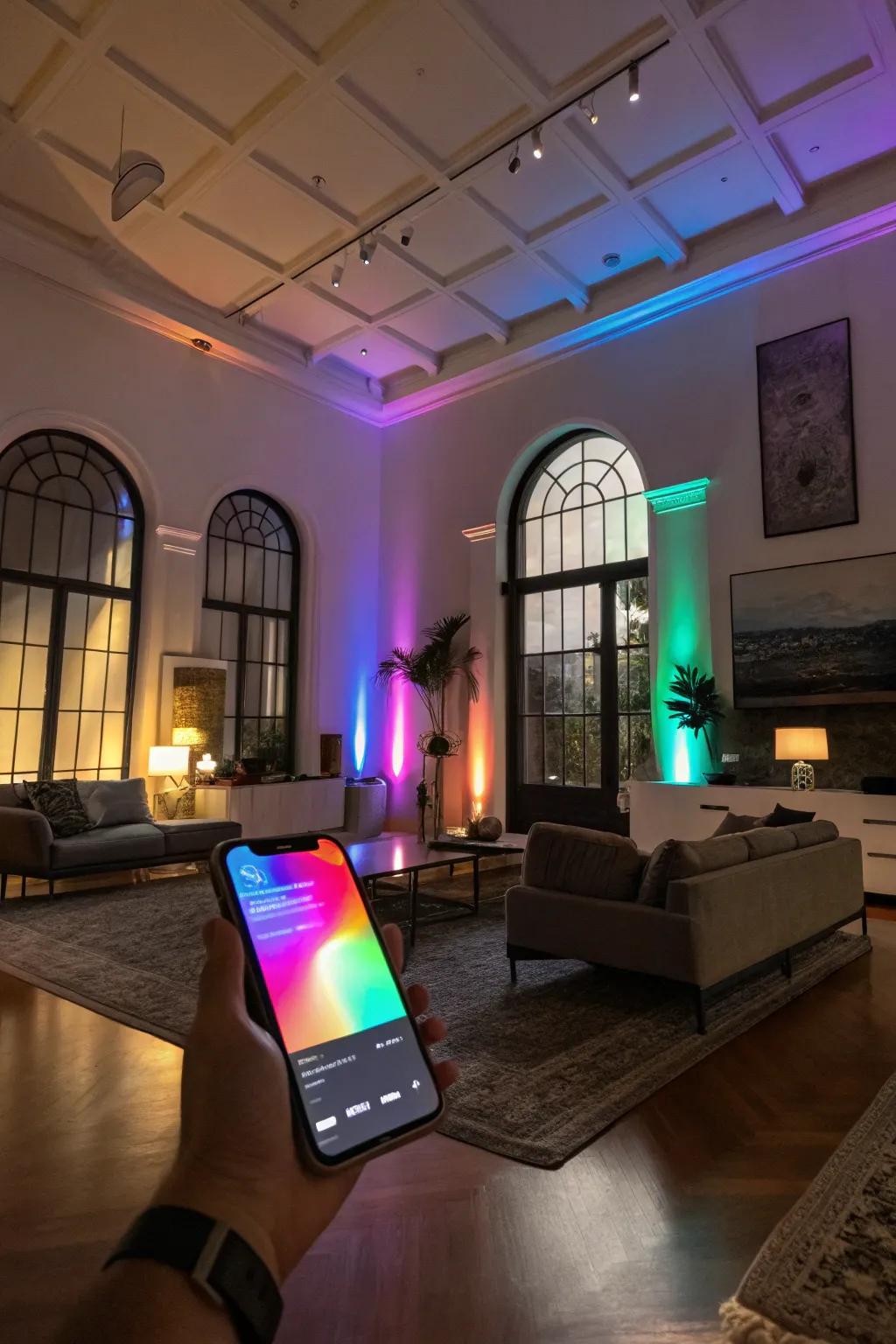Intelligent lighting can dramatically transform a living room, highlighting the design through vibrant color changes.