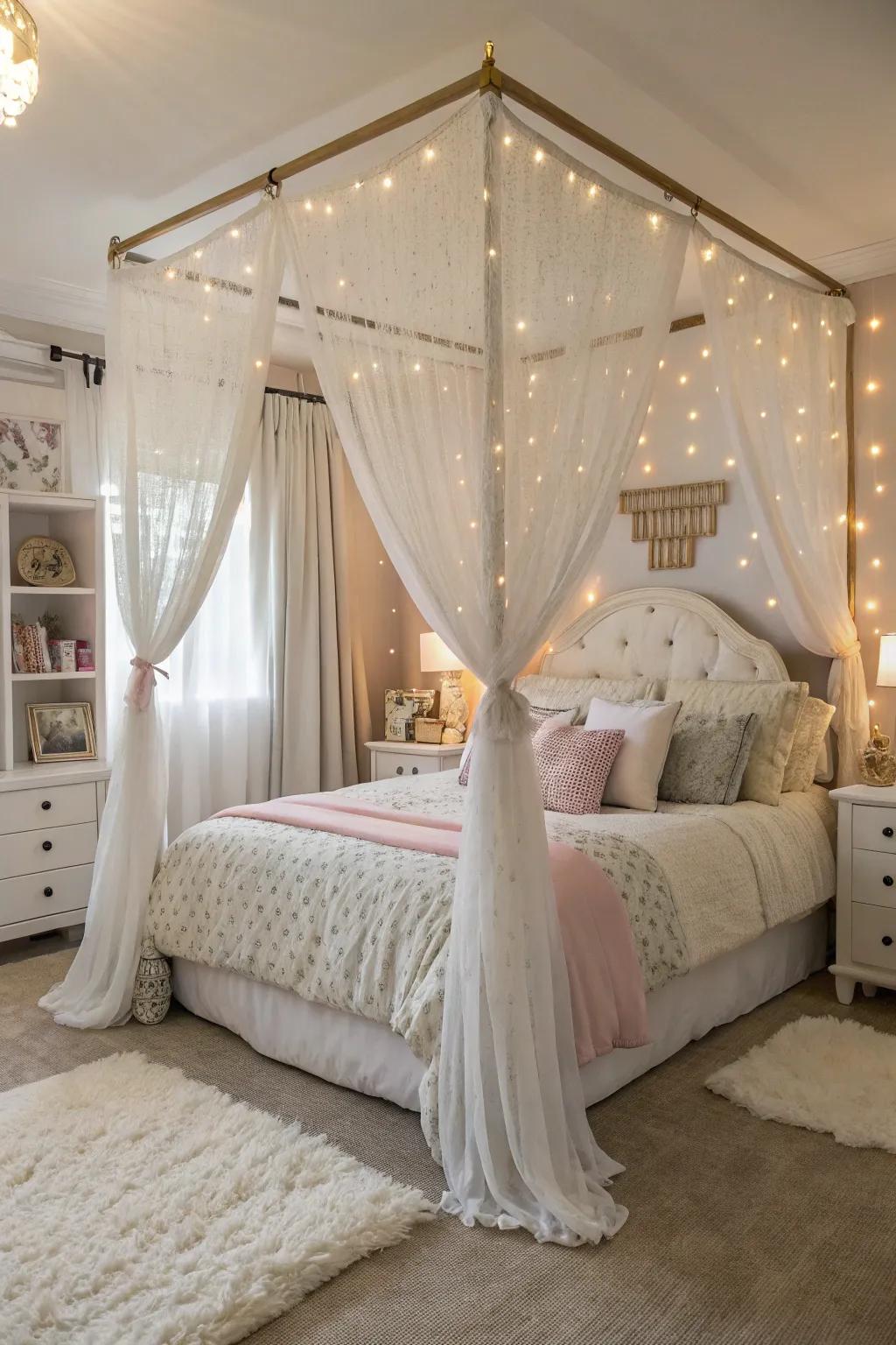 A draped bed adds a touch of royalty to any child’s room.