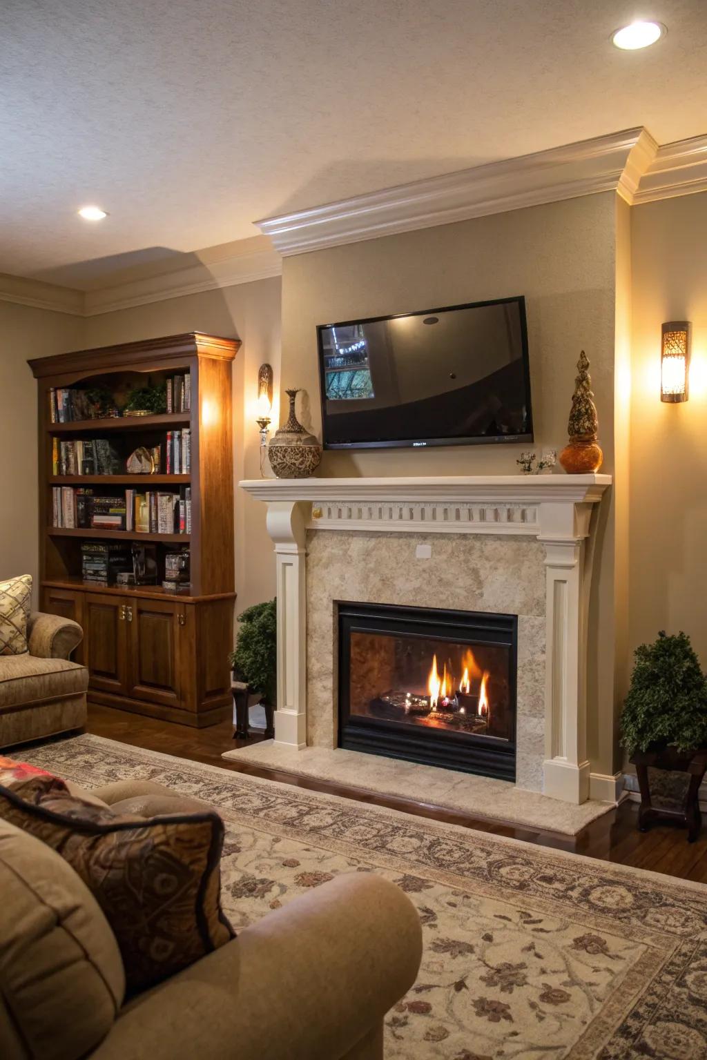 A fireplace and TV unite to form a balanced focal point.