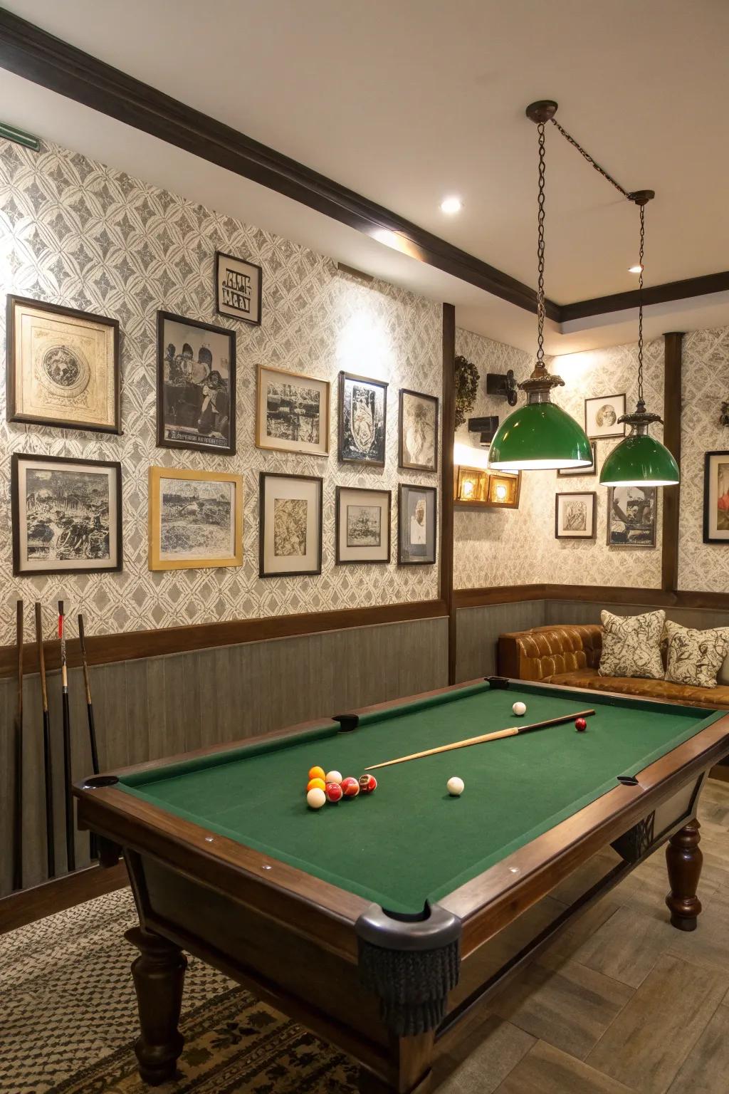 Artistic wall accents contribute a personal signature to the billiards room.