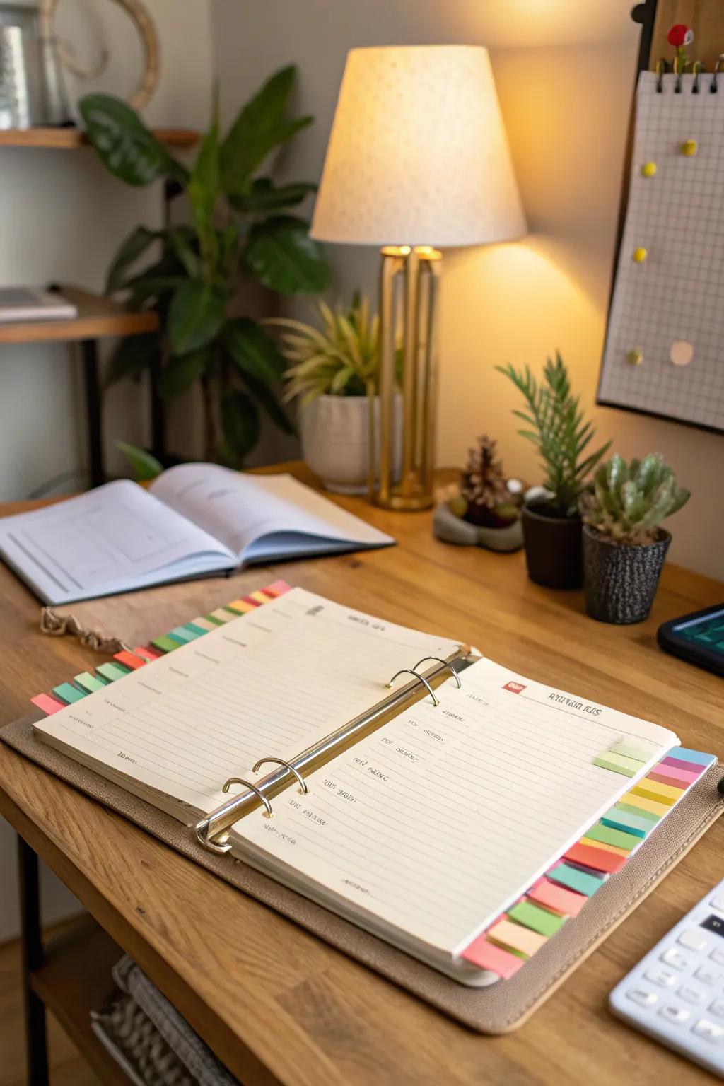 Binder equipped with dividers and tabs for clear sectioning.
