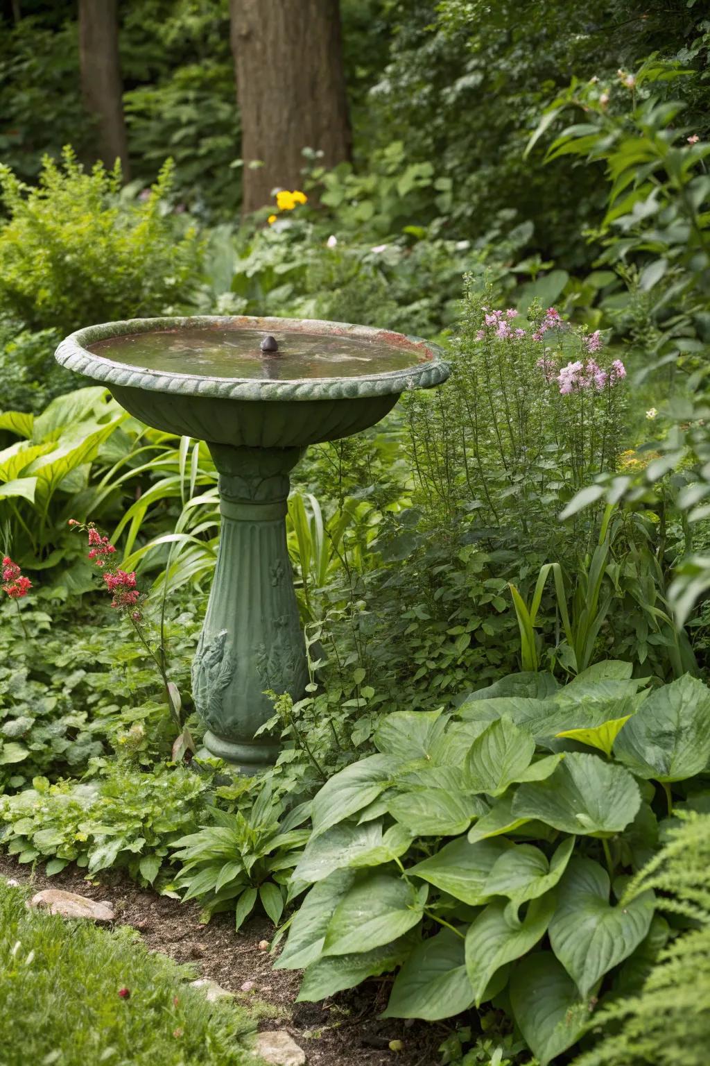 A green bird bath concealed among verdant foliage, presenting a natural and enticing haven for birds.