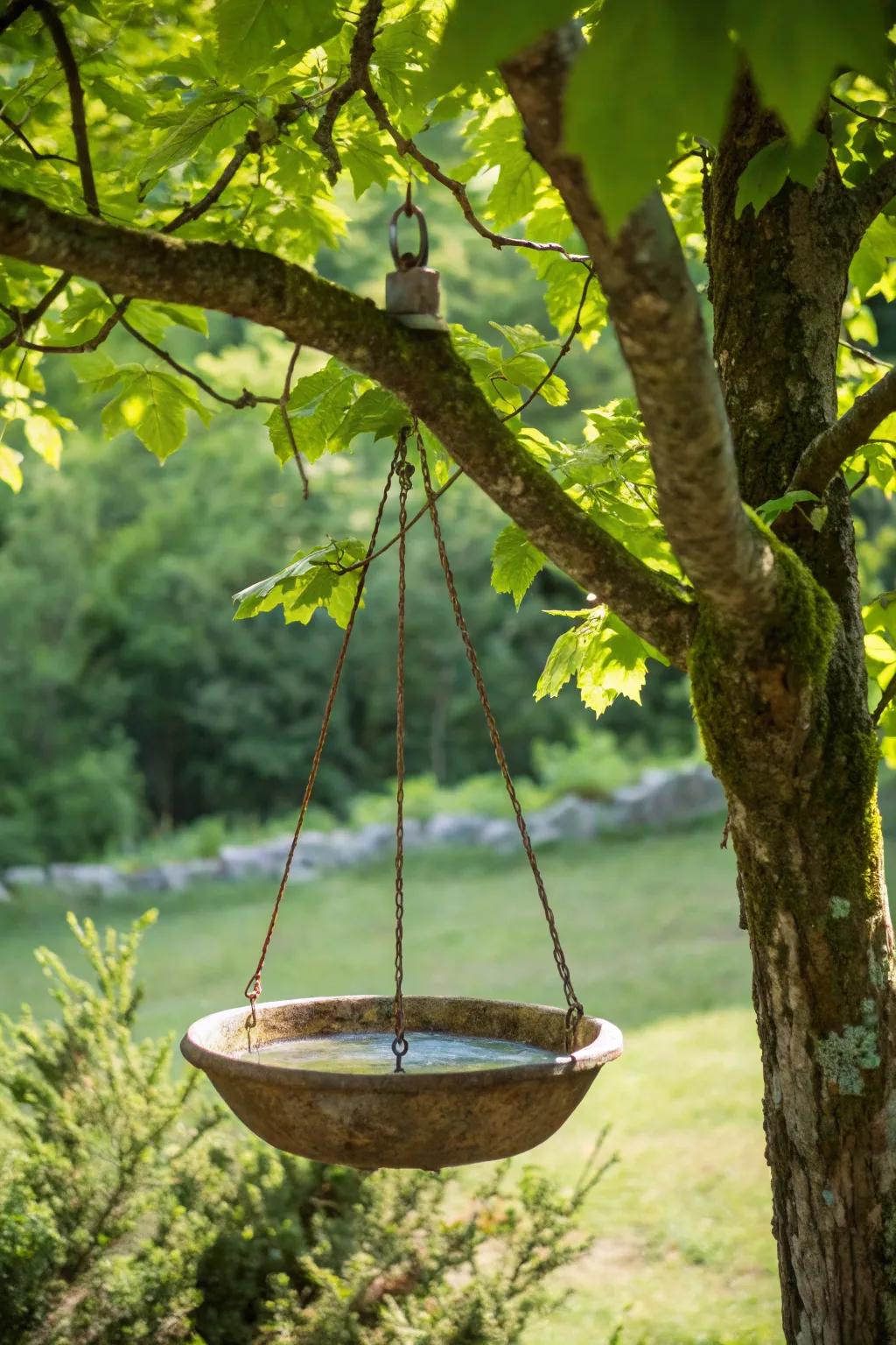 A hanging bird bath offers a unique and space-saving option.