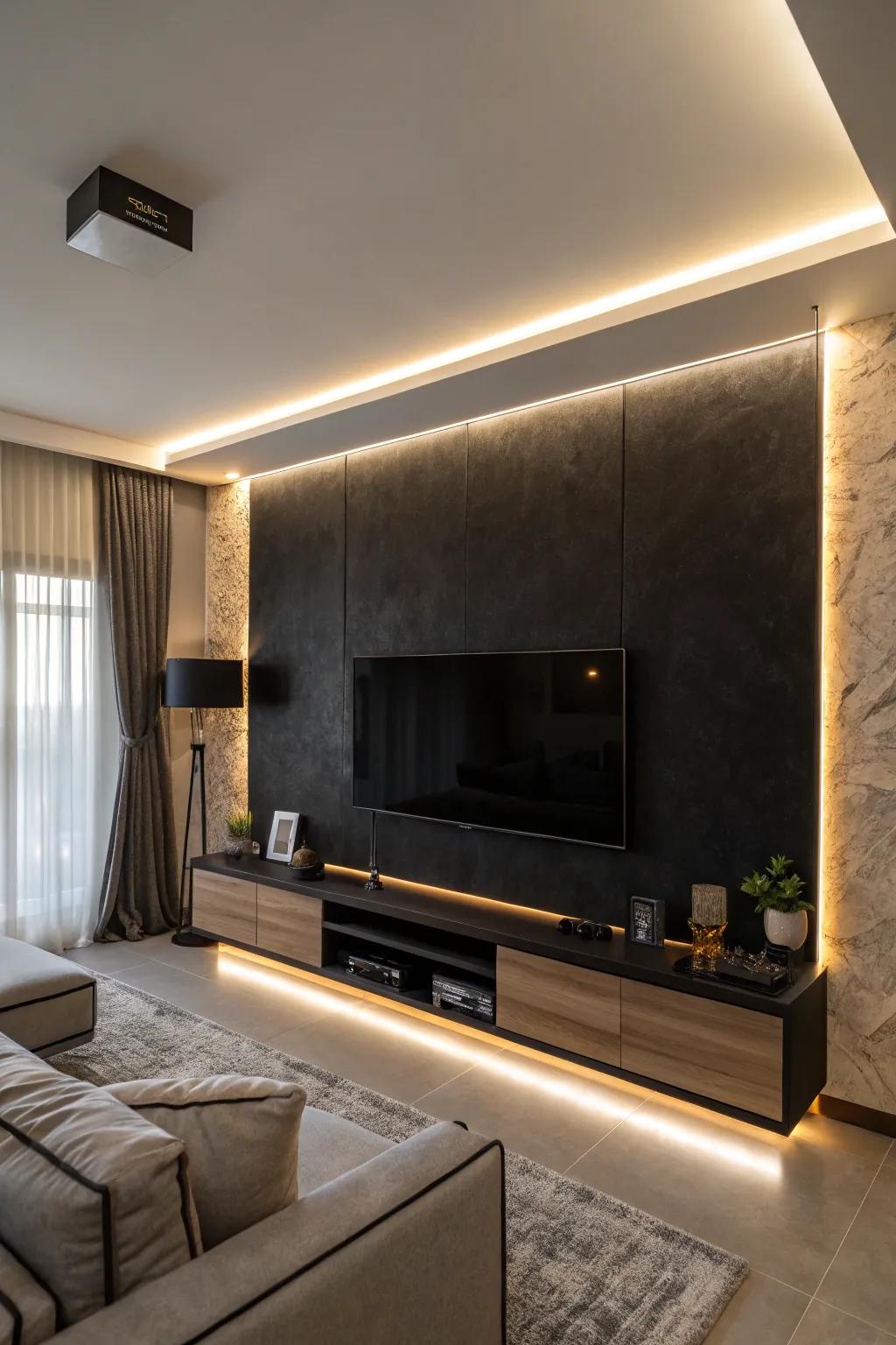 Gentle lighting enhances the visual charm of a dark accent wall.