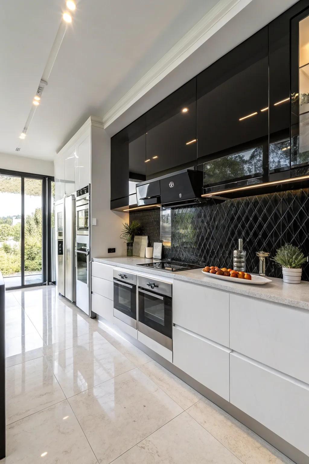 A modern kitchen with a black accent wall providing a sleek backdrop to elegant cabinetry.