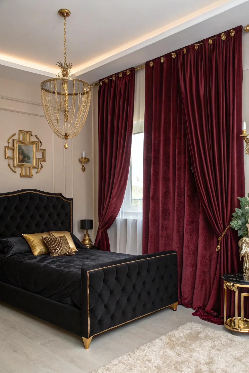 Maroon velvet drapes deliver refinement and coziness to your bedroom's decorations.