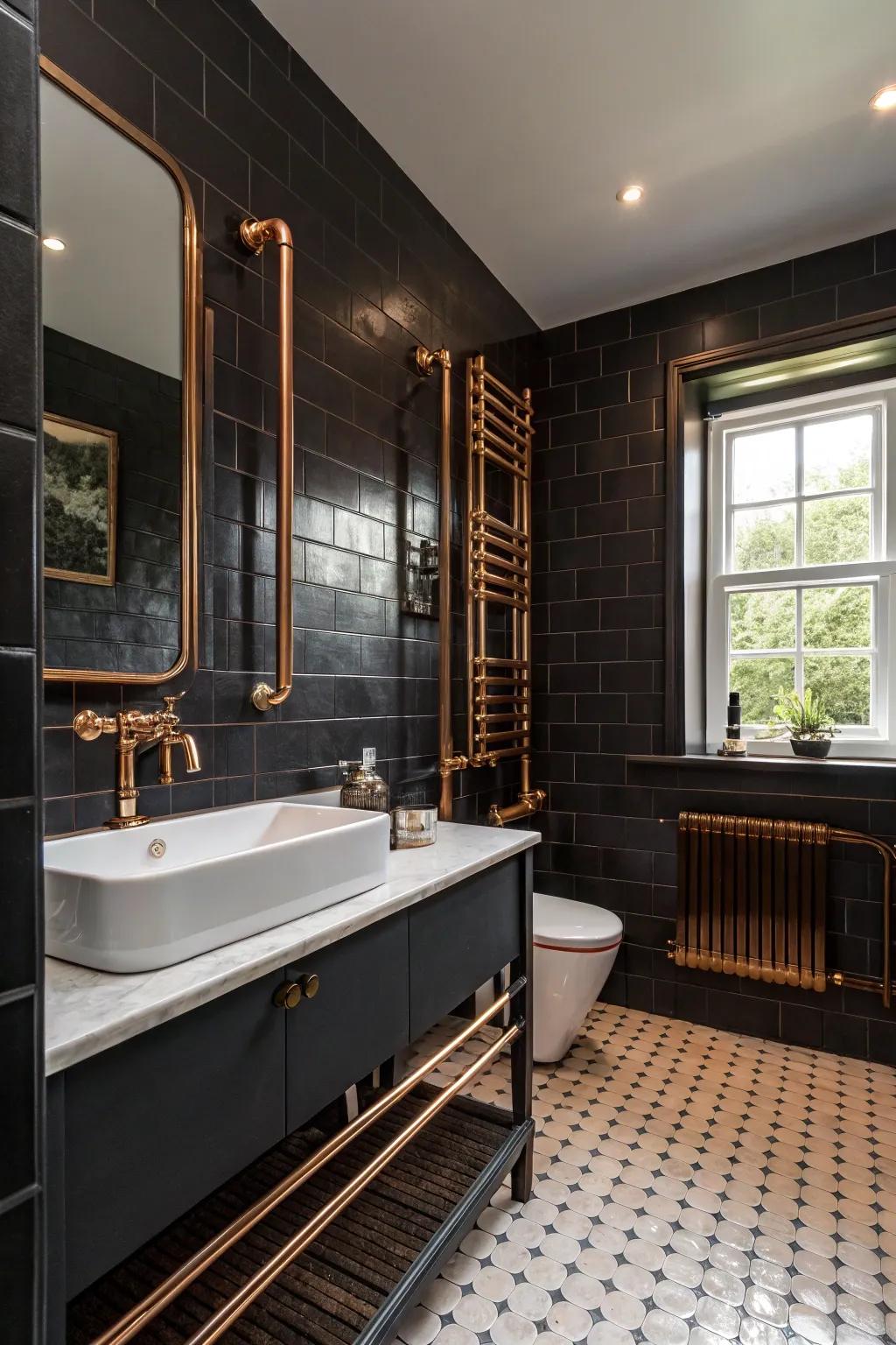 Dark panels create an eye-catching contrast with copper accents.