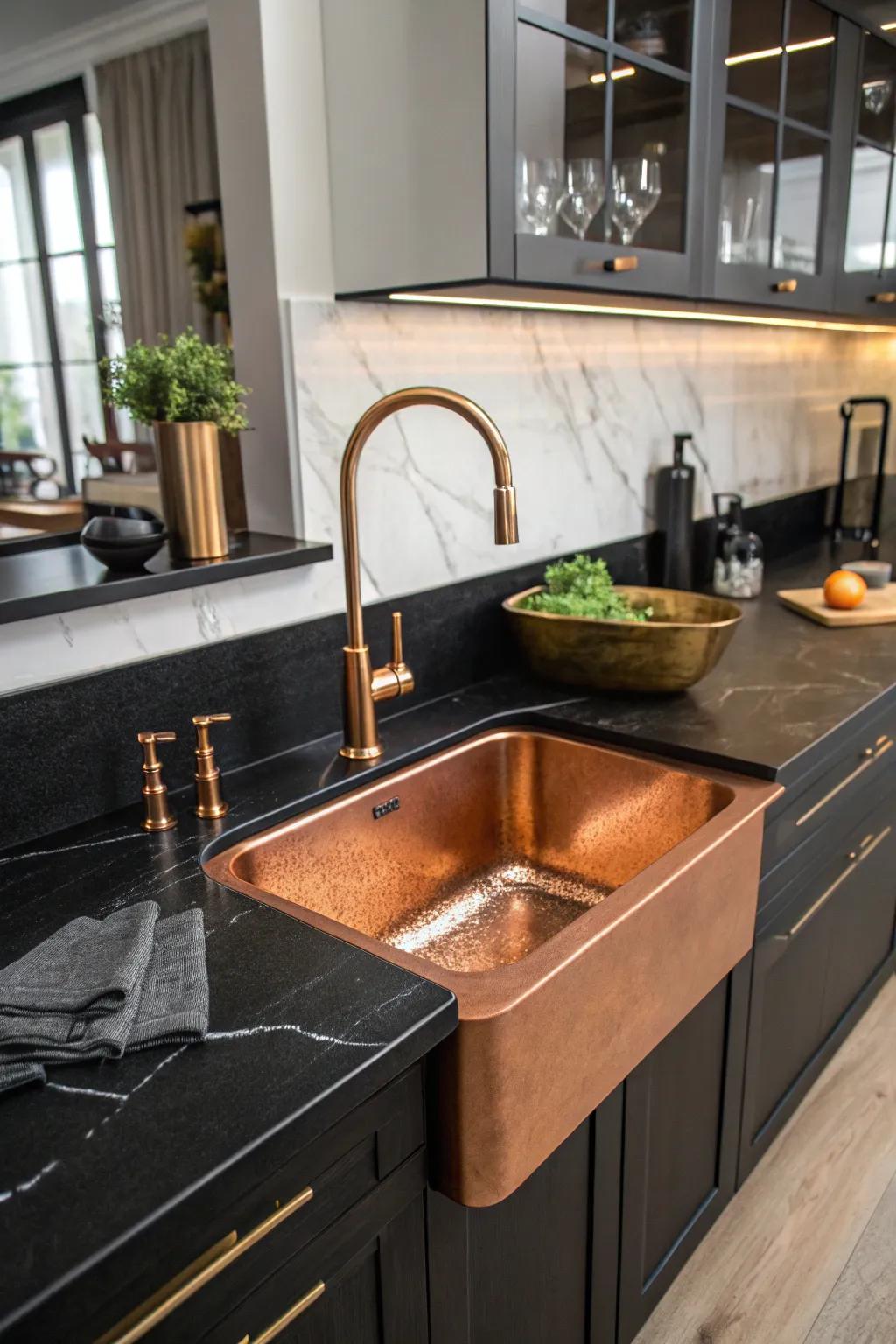 A copper sink prominently stands out as a luxurious element in a black kitchen.