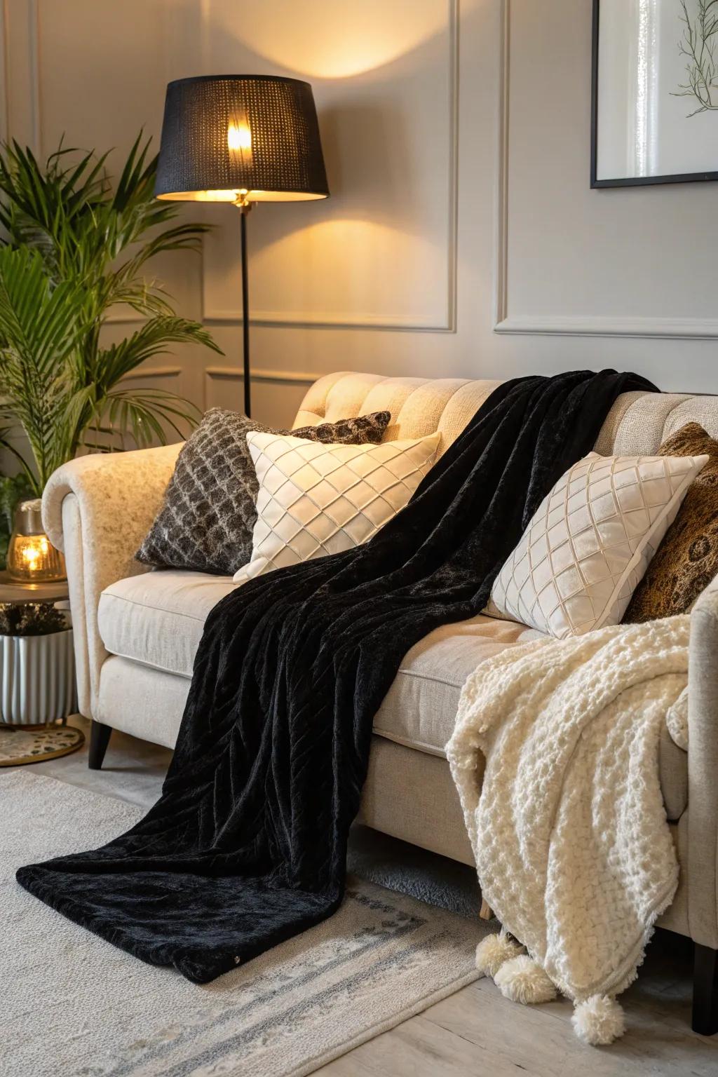 Velour and merino wool textiles enhance comfort in a chic ebony and ivory living space.