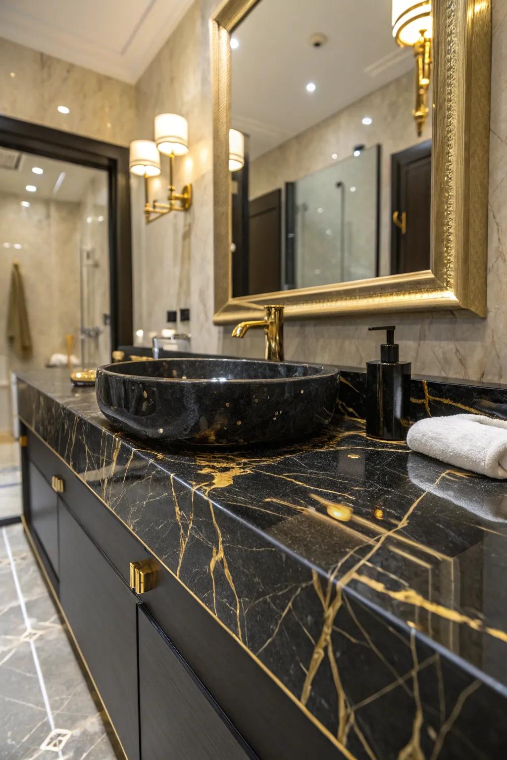 Ebony marble with gold accents epitomizes luxury and flair.