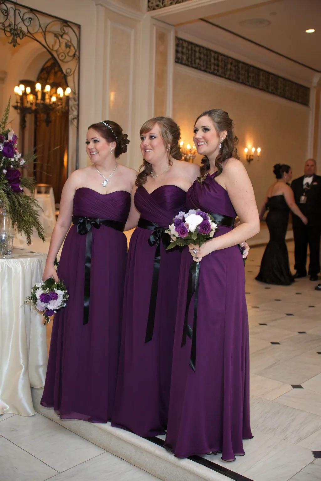 Bridesmaids in deep lavender gowns with midnight belts.