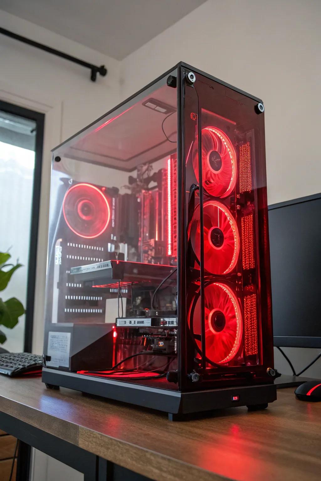 A custom-built gaming PC glows with red details, clearly showing off its components.