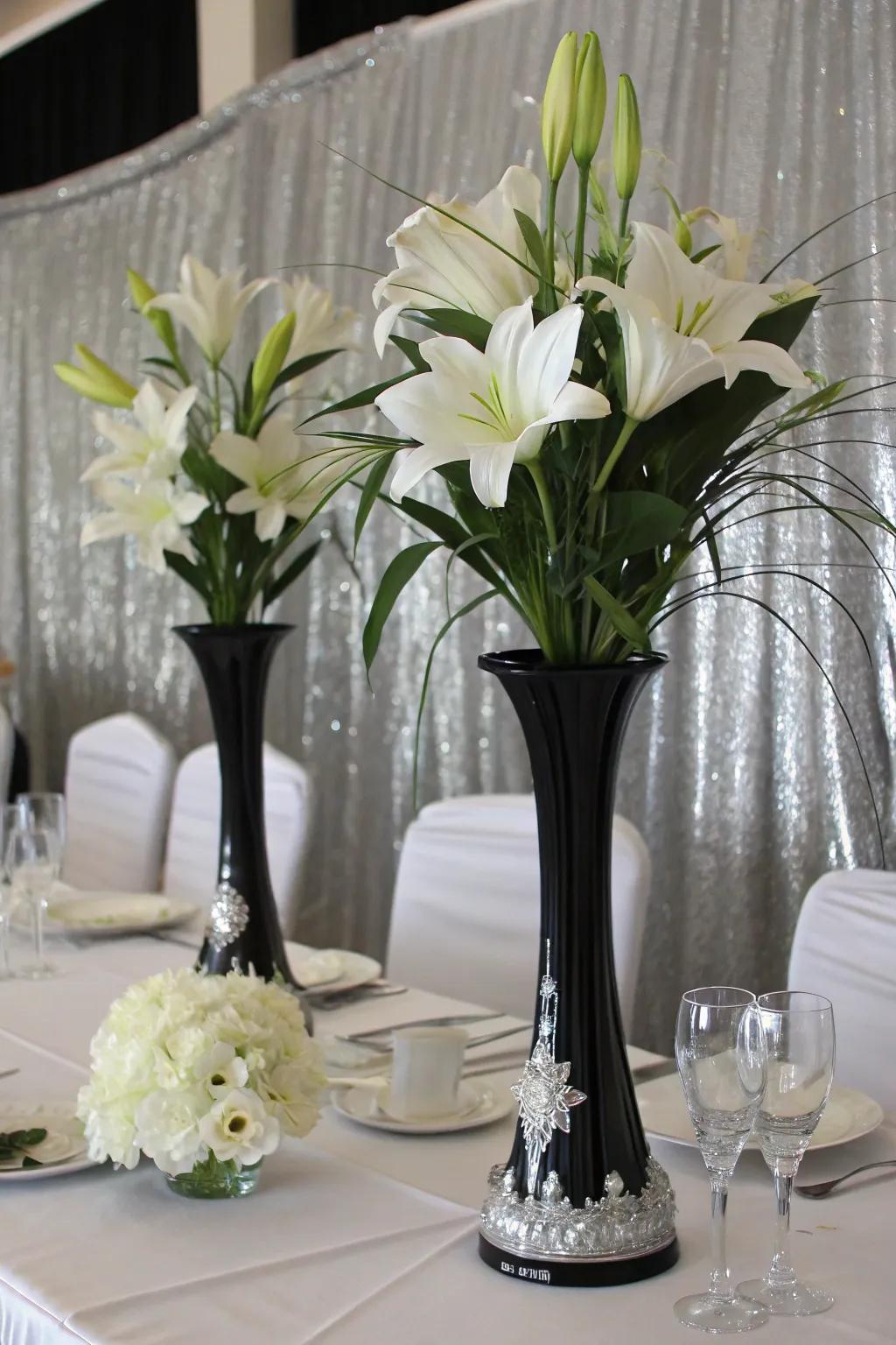 Striking floral compositions incorporating coal and shimmer elements.