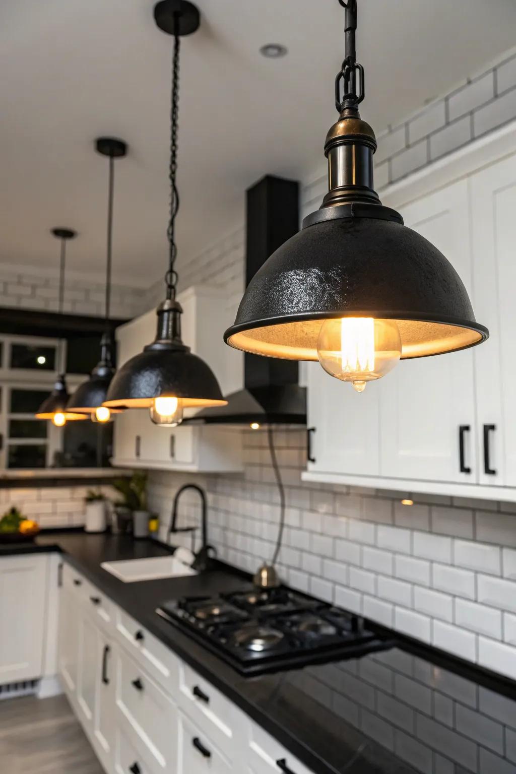 Modern pendant lights enhance the character of this chic kitchen.