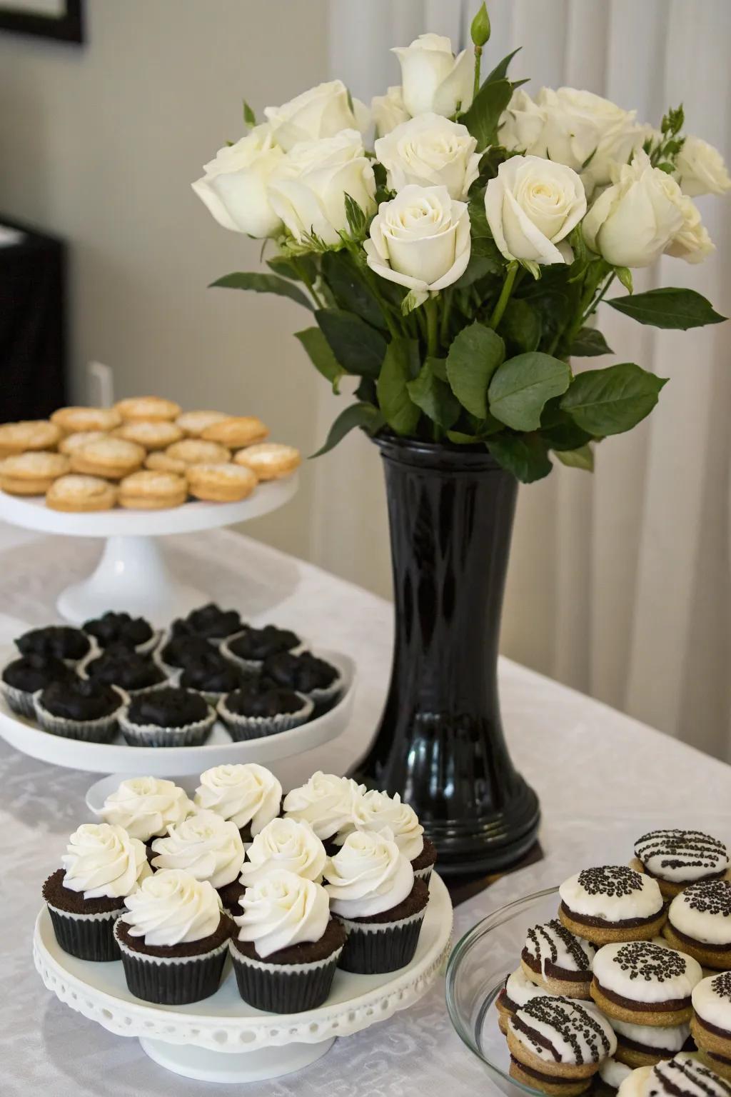 An alluring selection of black and white desserts enhanced with graceful flower decorations.