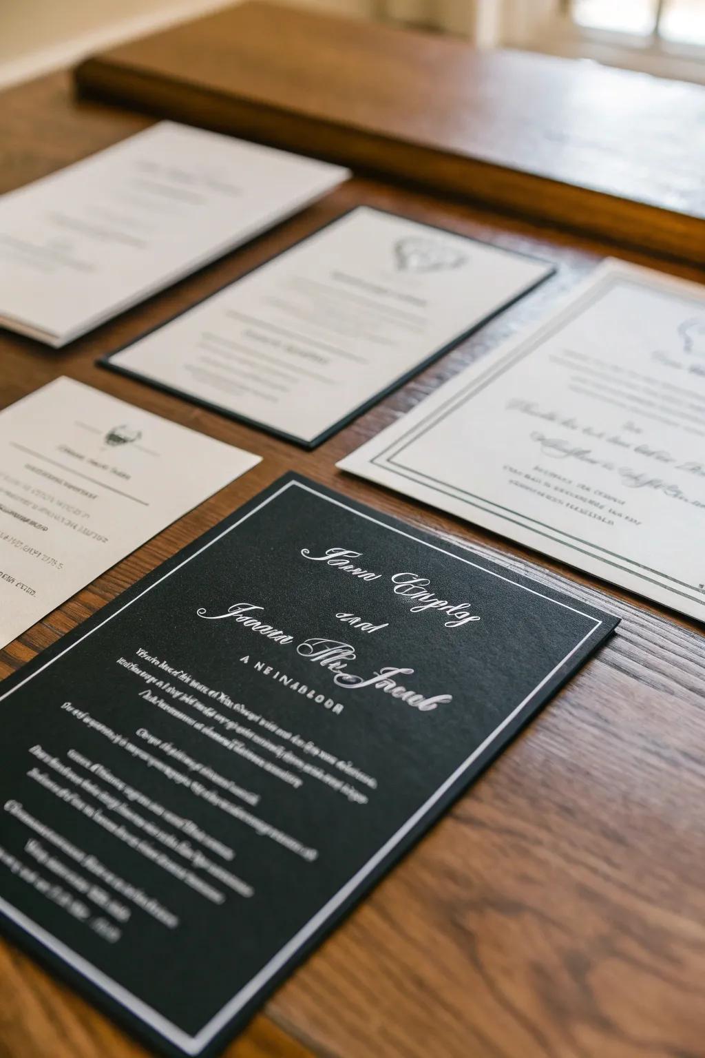 Ageless ebony and ivory wedding stationery establish the tone for a sophisticated event.