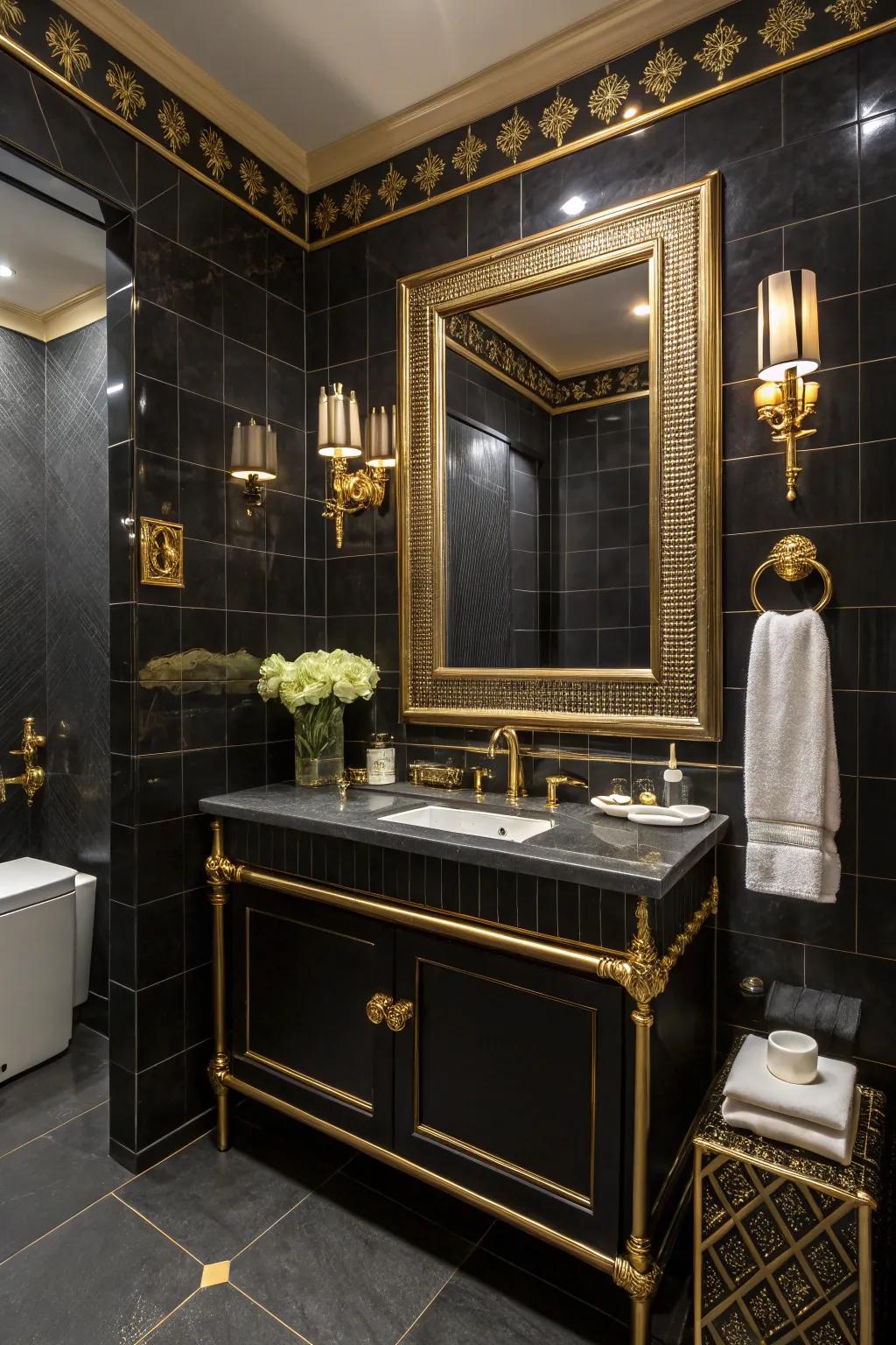 Gilded details enhance the lavish sensation of a dark restroom.