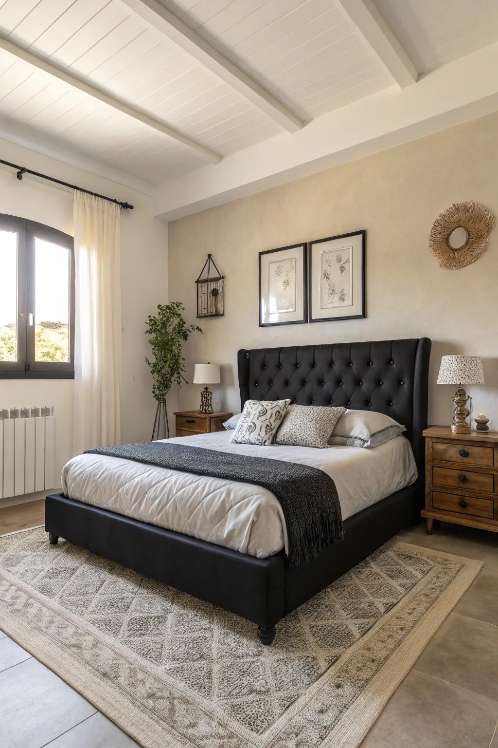 A stunning dark bed serves as the core piece in this minimalist bedroom.